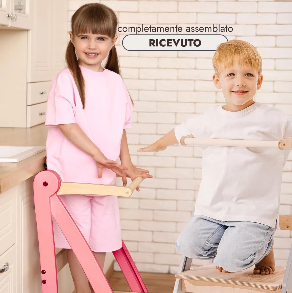Goodevas Torre di apprendimento in legno Montessori salvaspazio : scala pieghevole in pelle, sgabello per bambini, scala pieghevole per bambini, scala di apprendimento con protezione antiribaltamento