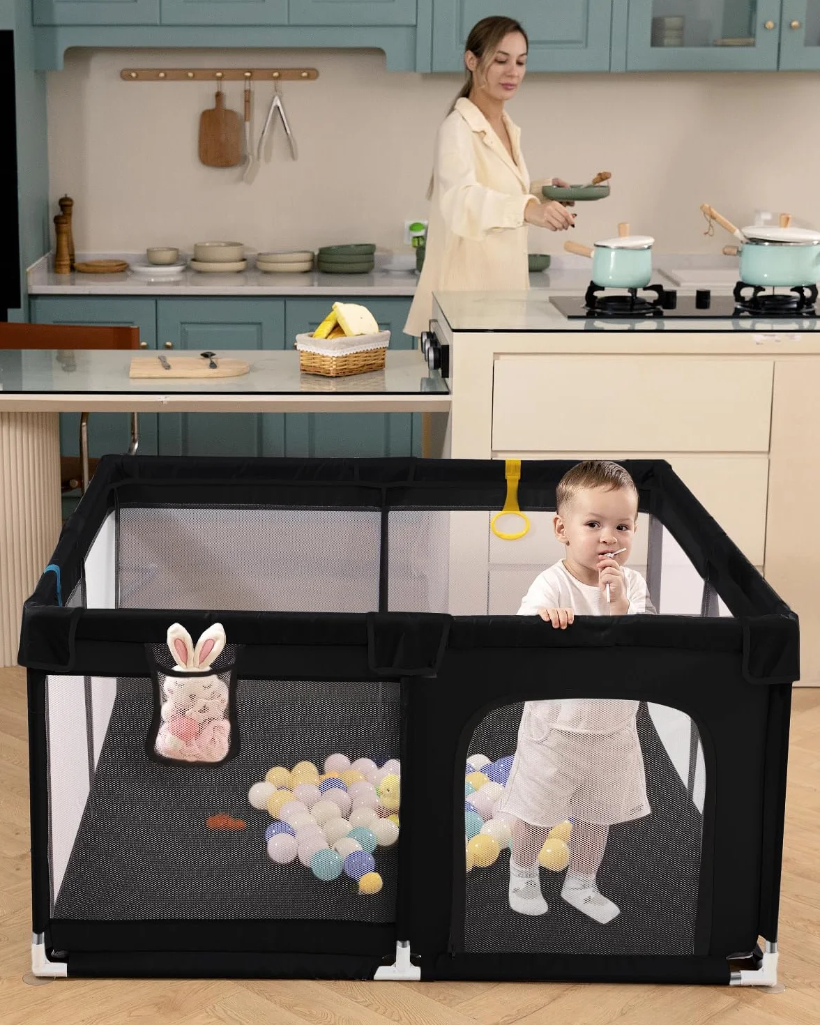 derimkcoa Box per bambini, grande recinto di sicurezza per bambini e bambini, per interni ed esterni, con ventose antiscivolo e cerniera (130 x 130 x 66 cm, nero)