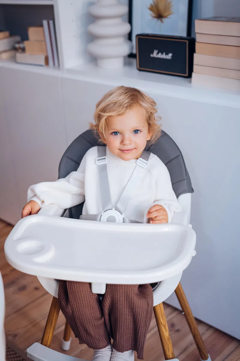 MoMi Seggiolone Pappa Evolutivo 3 in 1 - Sedia Evolutiva per Bambini da 6 a 36 Mesi - Cinture di sicurezza, Rivestimento in ecopelle, Poggiapiedi, Portabicchiere, Gioco con Ventosa - Grigio