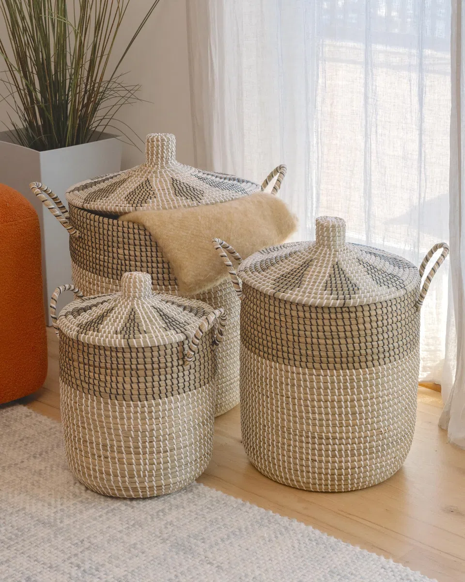 3 cesti per la biancheria, con manici e sacchetti interni, impilabili, con coperchio in erba marina, naturale, grande Vietnam, fatti a mano, per la cameretta dei bambini, per il bagno, il soggiorno