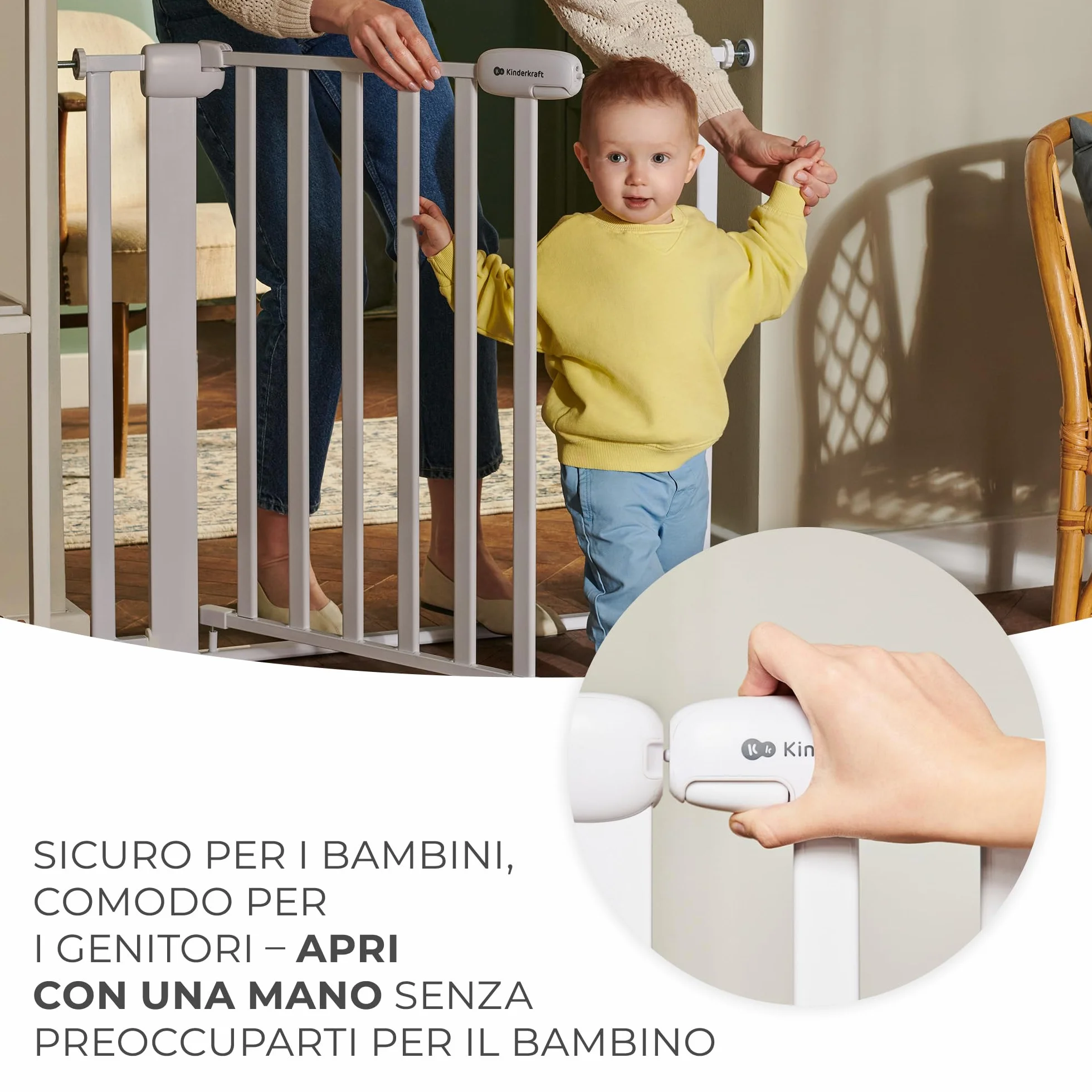 Kinderkraft LOCK&GO Cancelletto di sicurezza da 75-103 cm, Chiude automaticamente di 90 gradi, Doppio dispositivo di sicurezza, Previene di inciampare, Nero