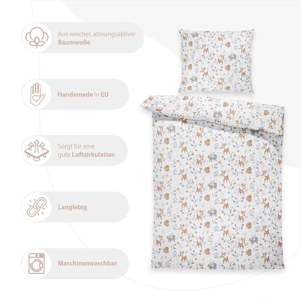 Totsy Baby Copripiumino per bambini 90 x 120 cm - set di lenzuola per bambini con federa 60 x 40 cm in cotone cervo