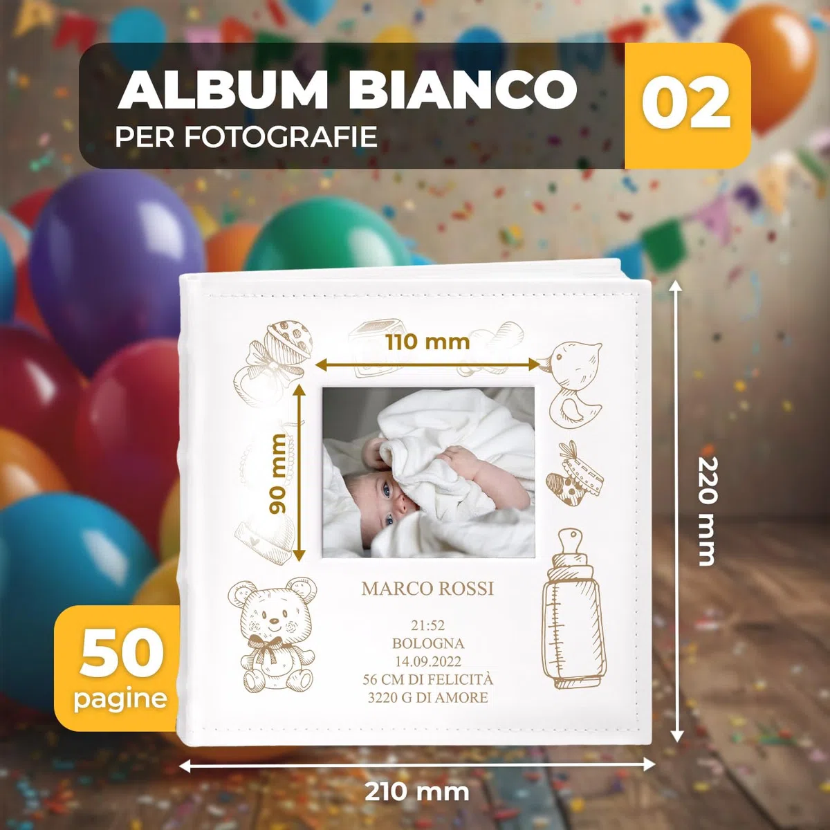 Maverton Album Foto Personalizzato - Copertina in Pelle Sintetica con Finestra per Foto - Album Fotografico Personalizzabile 100 pagine - 200 foto 10x15cm - Regali Neonato Compleanno