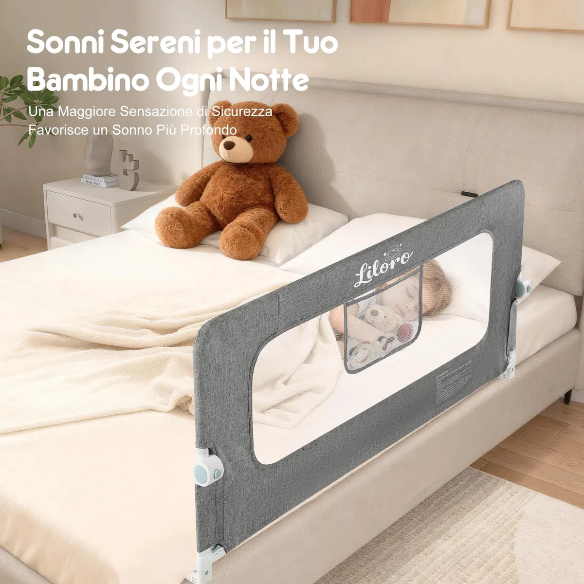 Sponda Letto Bambini 120 cm senza Forare Sponda di Sicurezza Pieghevole per Letto con Struttura Rinforzata e Design Anti Urto per Letto Singolo Matrimoniale King Size Grigio