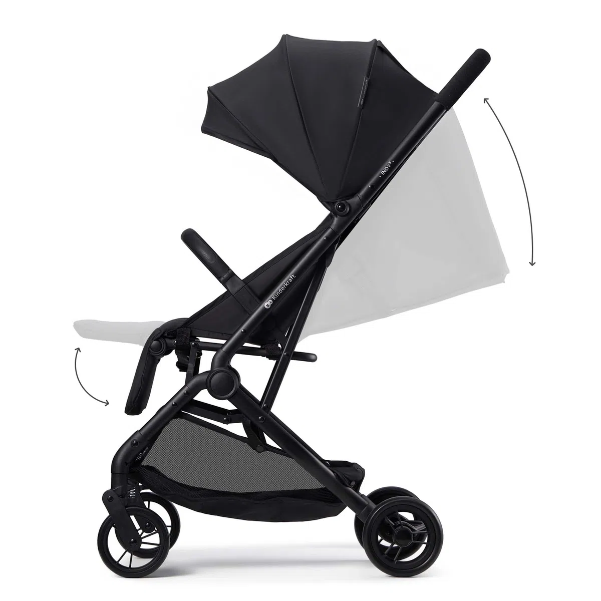 Kinderkraft INDY 3 Passeggino Leggero e Compatto, Chiusura con una Mano, Ultraleggero 7,3 kg, Reclinabile, Cinghia per Trasporto, Ruote Resistenti, Ideale per Viaggi e Città, Nero