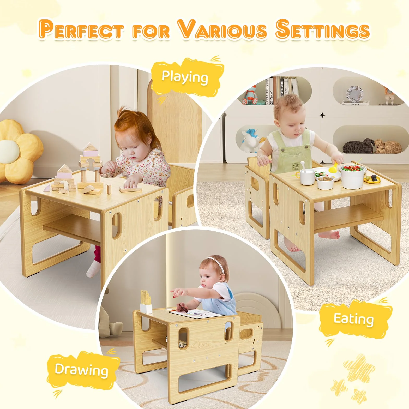 Montessori Set Tavolo e Sedia per Svezzamento Regolabile Bambini Piccoli Pasti Apprendimento Gioco