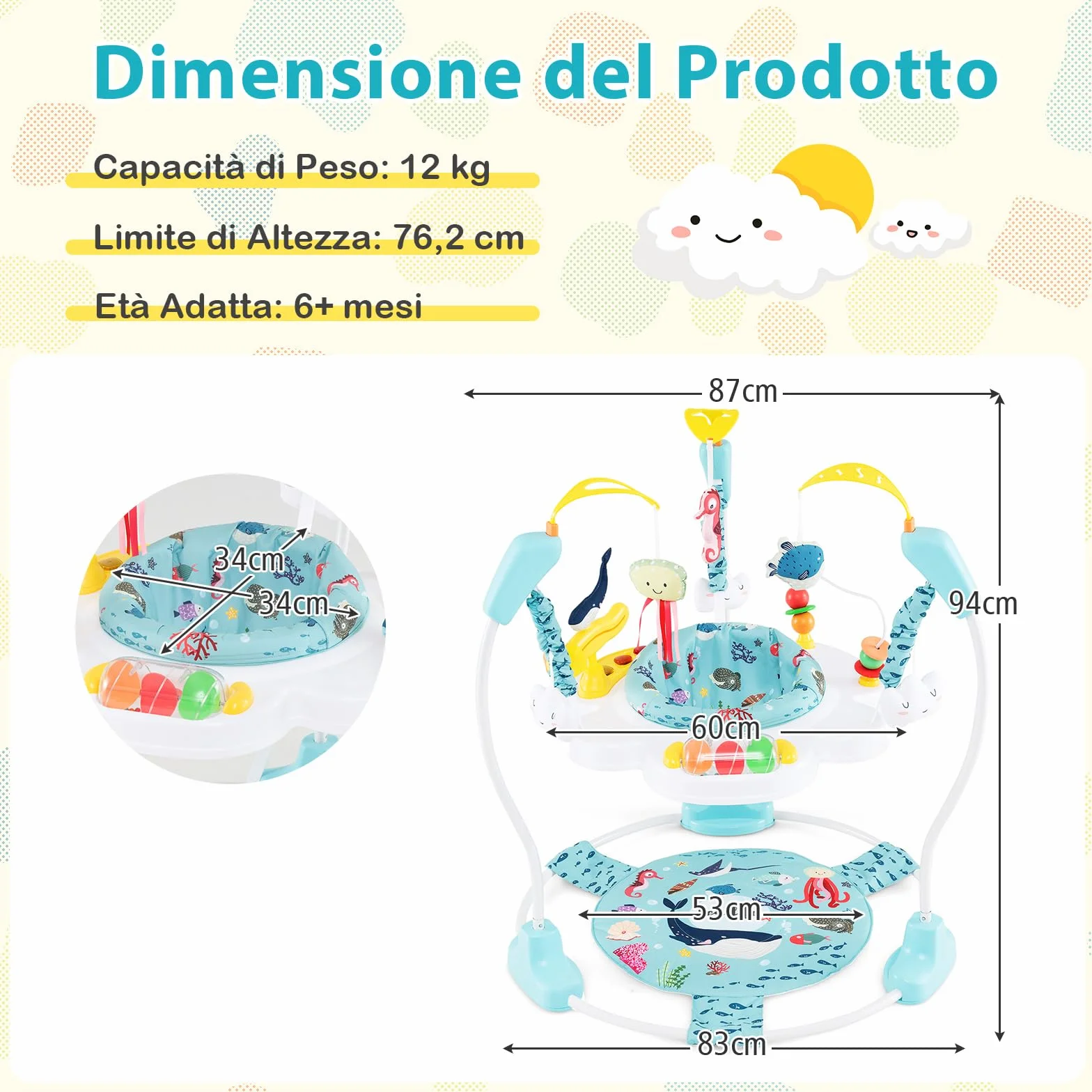 COSTWAY Jumperoo per Bambini, Centro Attività Saltella con Altezza Regolabile, Sedile Girevole 360°, Luci e Suoni, 6+ Mesi, Azzurro
