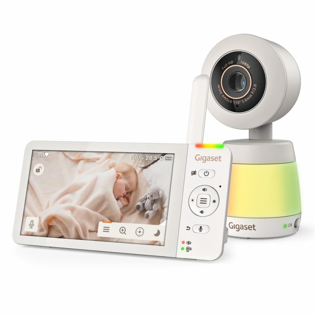 Gigaset BABY 700 Connected – Videocamera per bambini con touchscreen Full HD da 5,5" – Trasmissione sicura FHSS e WLAN–lunga durata della batteria-con app, Cream White/Warm [Versione Italiana]