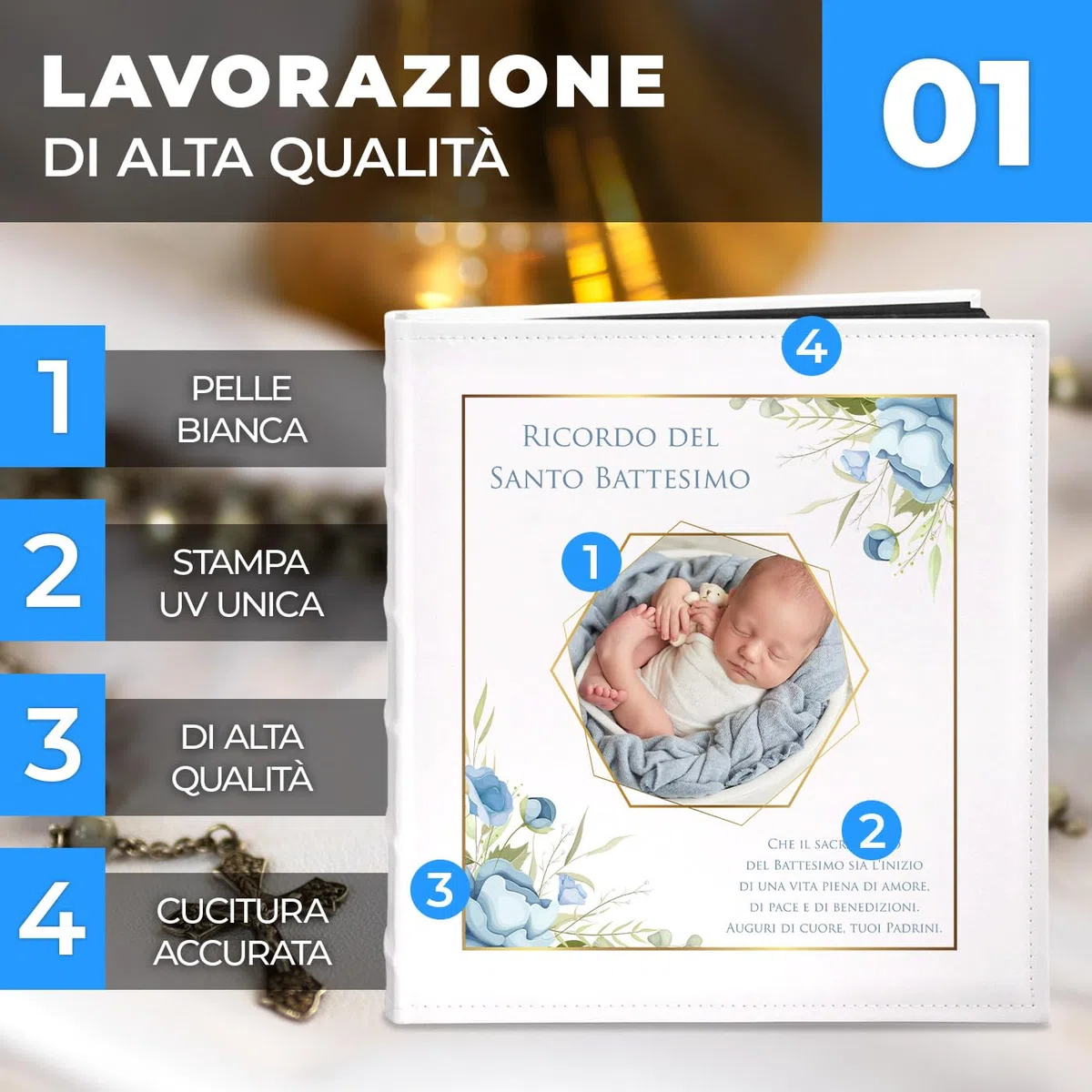Maverton Album Fotografico - Copertina in Pelle Sintetica Personalizzazione Stampata - 60 pagine nere - 240 foto 10x15cm - regali neonato, battesimo, compleanno - Azzurro