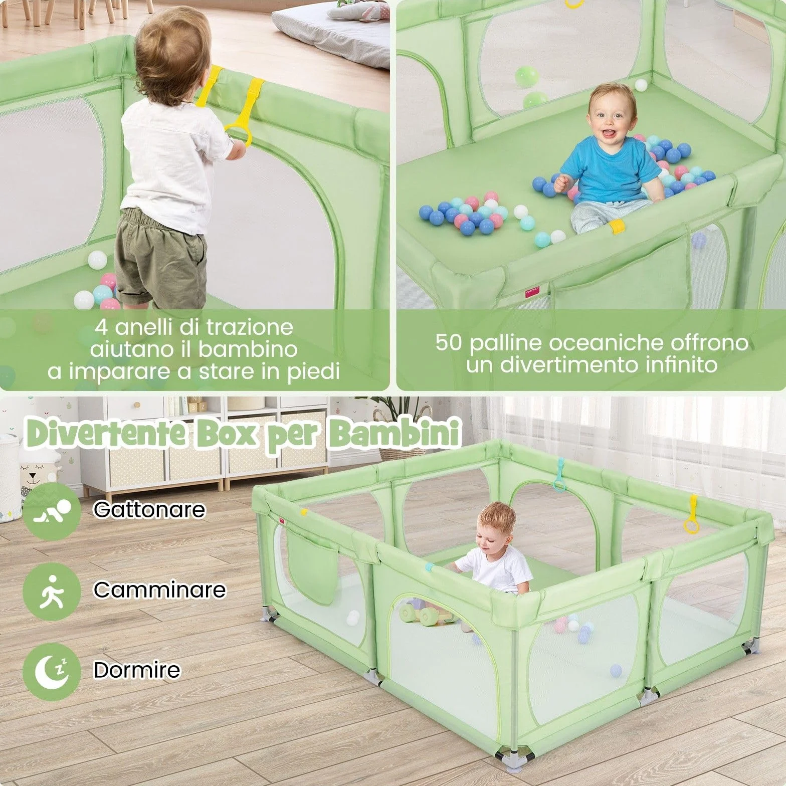 COSTWAY Recinto per Bambini, Box Pieghevole con Rete Traspirante, Centro Attività per Neonati con 50 Palline, Box Giochi per Bambini 0-3 Anni (Verde, 189 x 158 cm)