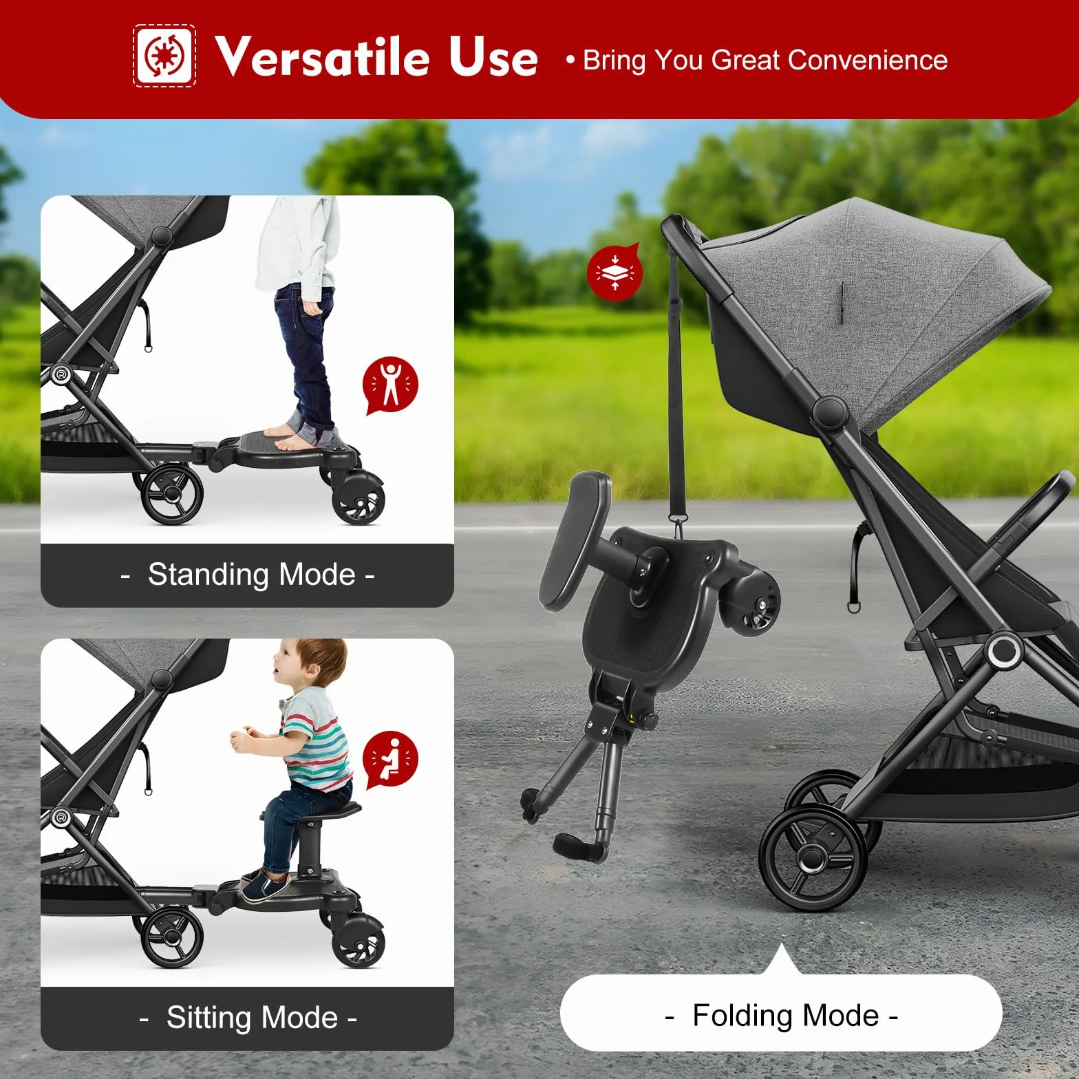 Pedana universale per passeggino con sedile, per passeggino, accessori per passeggino, design a due ruote, fino a 25 kg, adatta per bambini da 2 a 6 anni, colore nero
