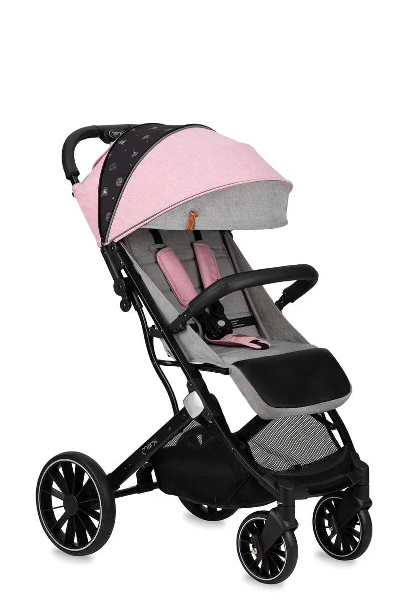 MoMi ESTELLE LIGHT PLUS Passeggino a partire da 6 mesi (fino a 22 kg), pieghevole con cintura di sicurezza a 5 punti, cestino porta spesa e funzione di apertura, manico telescopico per il traino