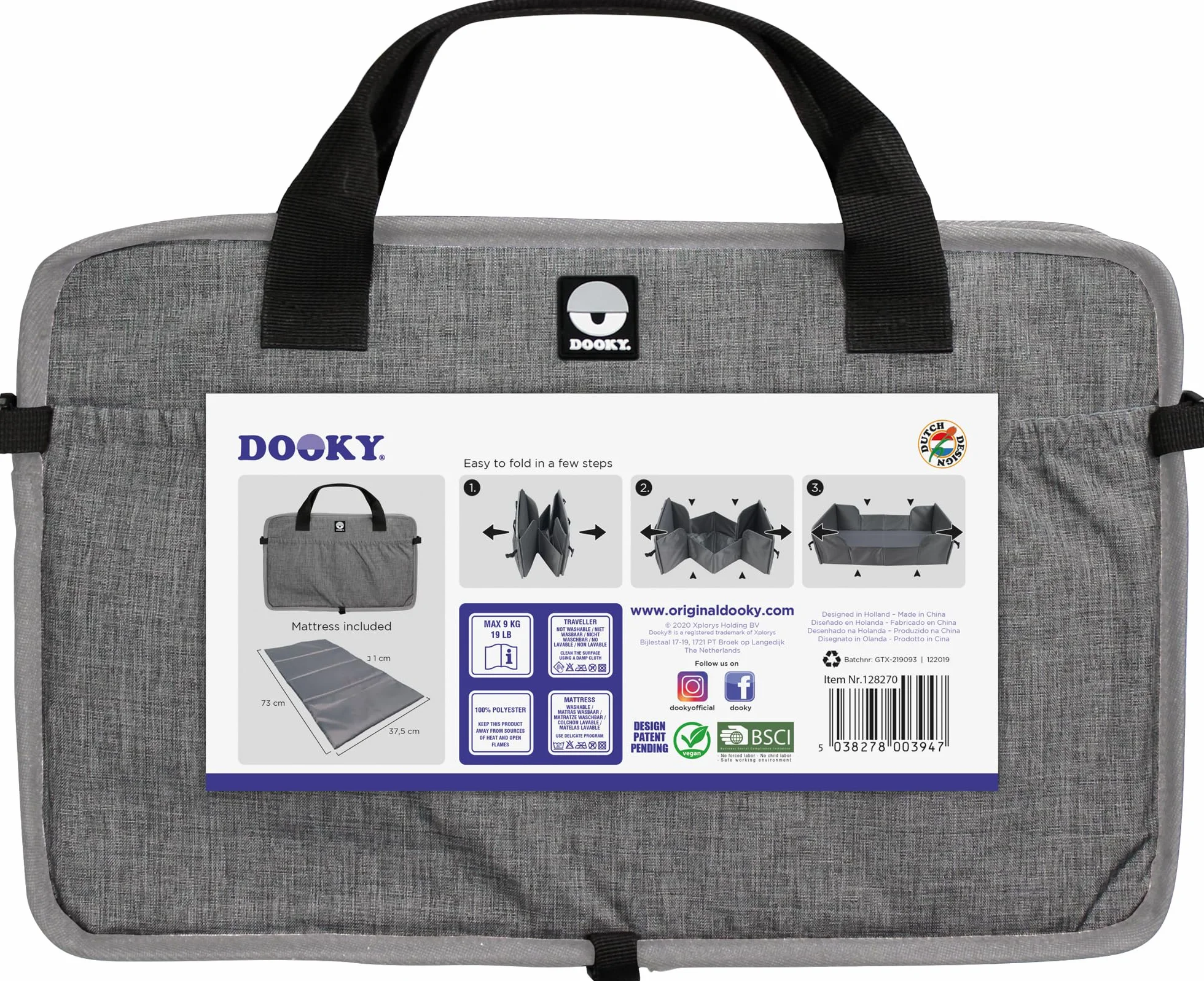 Dooky Original Traveller - lettino pieghevole per bambini - super leggero, tasche esterne, 41 x 74 cm (assemblato) /41 x 26 cm (piegato), 100% poliestere, nero