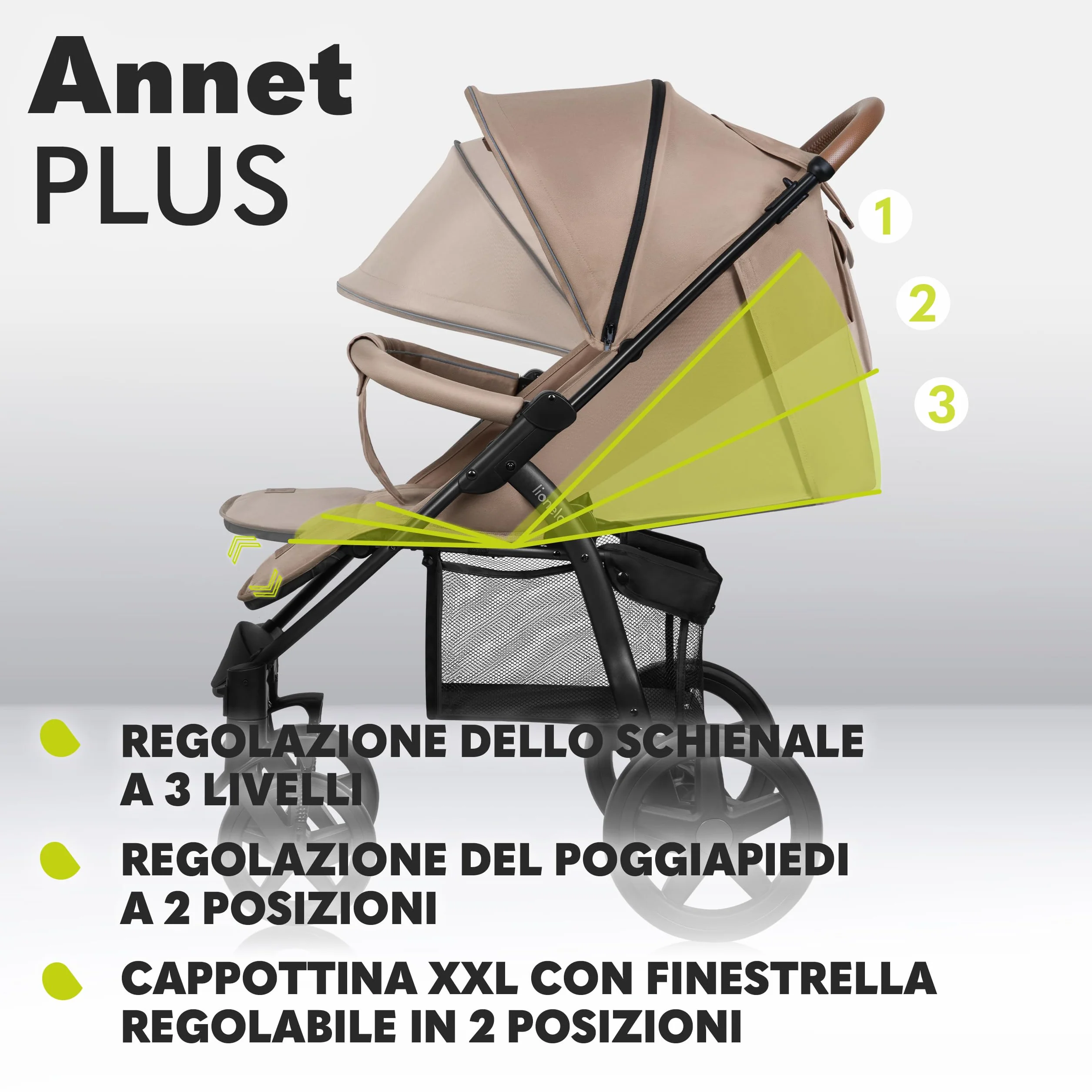 LIONELO Annet passeggino leggero pieghevole grigio regolabile 22 kg ruote EVA cappottina XXL