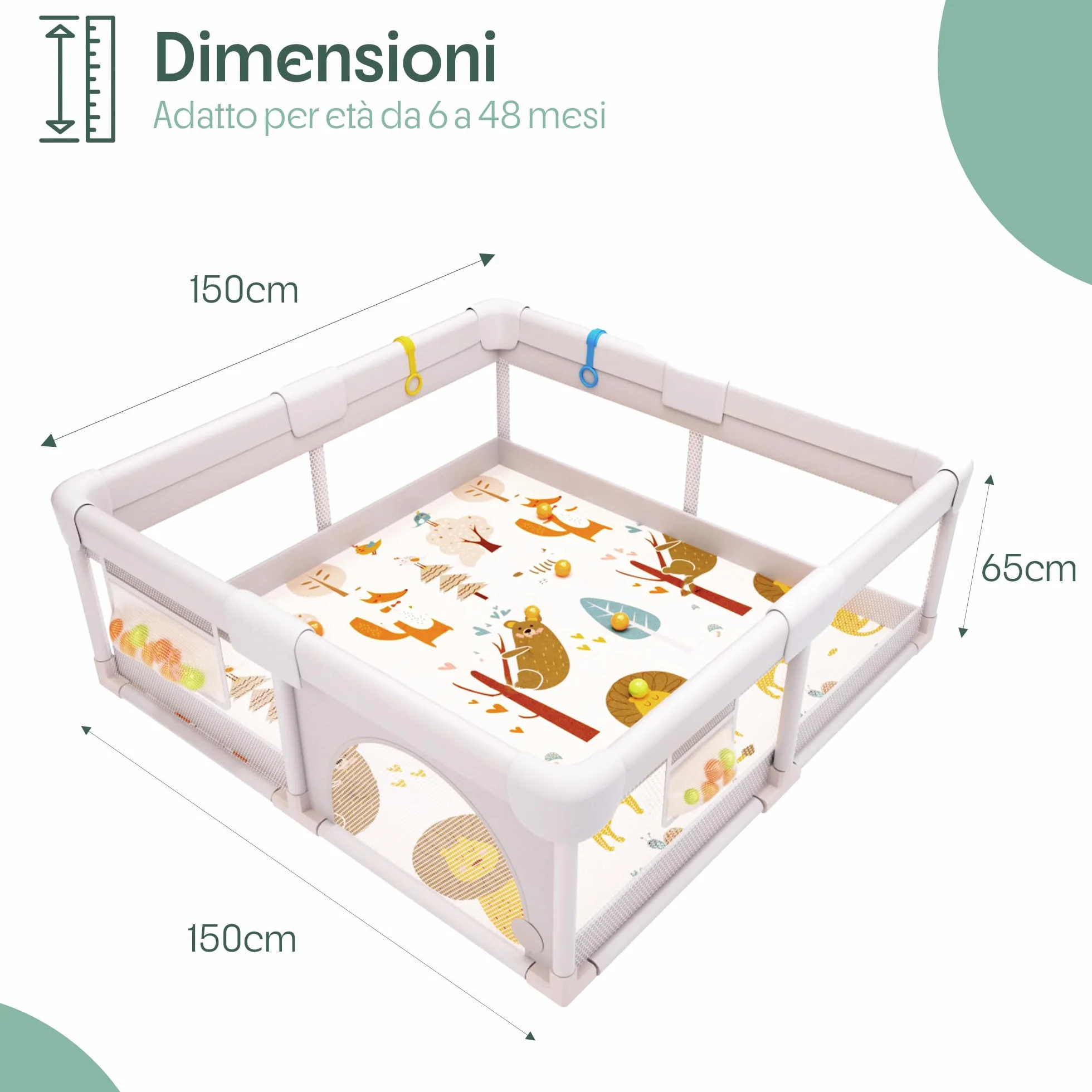 Box Bambini 150x150cm Recinto Gioco Imbottito con Tappetino Reversibile Peluche Sonaglio Sensoriale