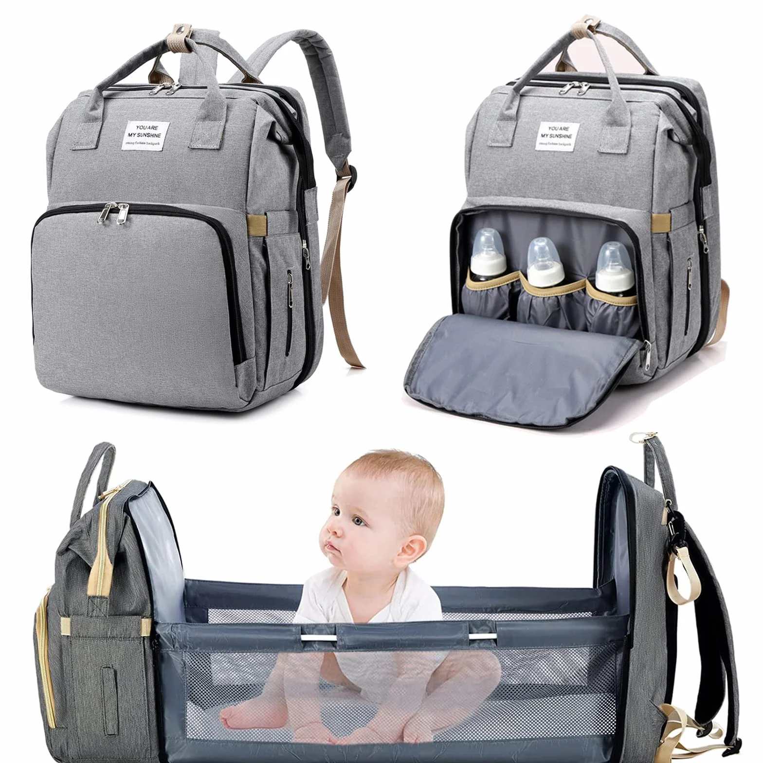 Zaino Fasciatoio Multifunzione Impermeabile con Lettino Pieghevole Borsa da Viaggio Portatile (Grigio)