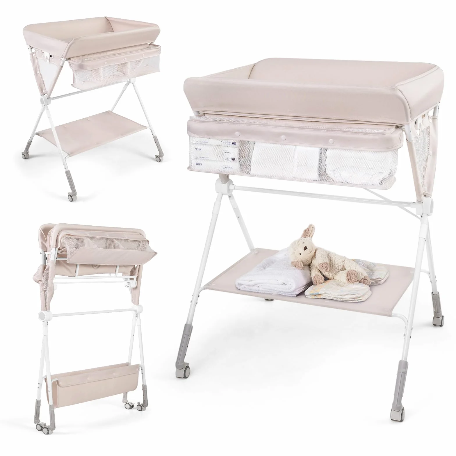 COSTWAY Fasciatoio Pieghevole per Bambini, Altezza Regolabile 3 Livelli, Ruote Bloccabili, Beige