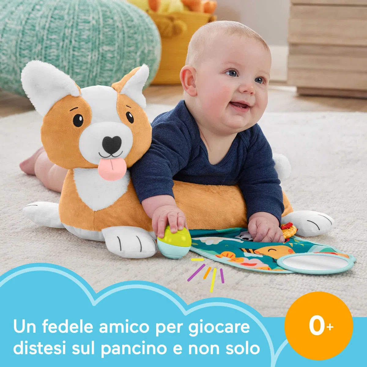 Fisher-Price - Cuscino Corgi Tummy Time 3 in 1, sostiene Il Bambino in 3 Modi Durante Ogni Fase della Crescita: disteso, Seduto, per Gioco di Ruolo; con 1 specchietto e sonaglino Senza BPA, HJW10
