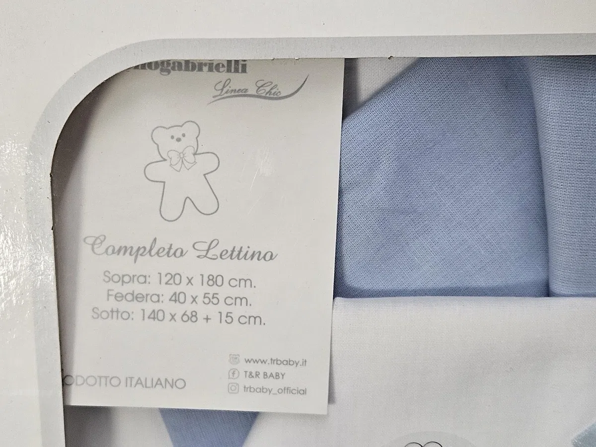 T&R Baby Coordinato Lenzuola per Culla/Lettino/Carrozzina 3 Pezzi in Cotone Bianco Ricamato Nazareno Gabrielli (Celeste Disegno 11, Culla/Lettino 120 x 180 cm.)