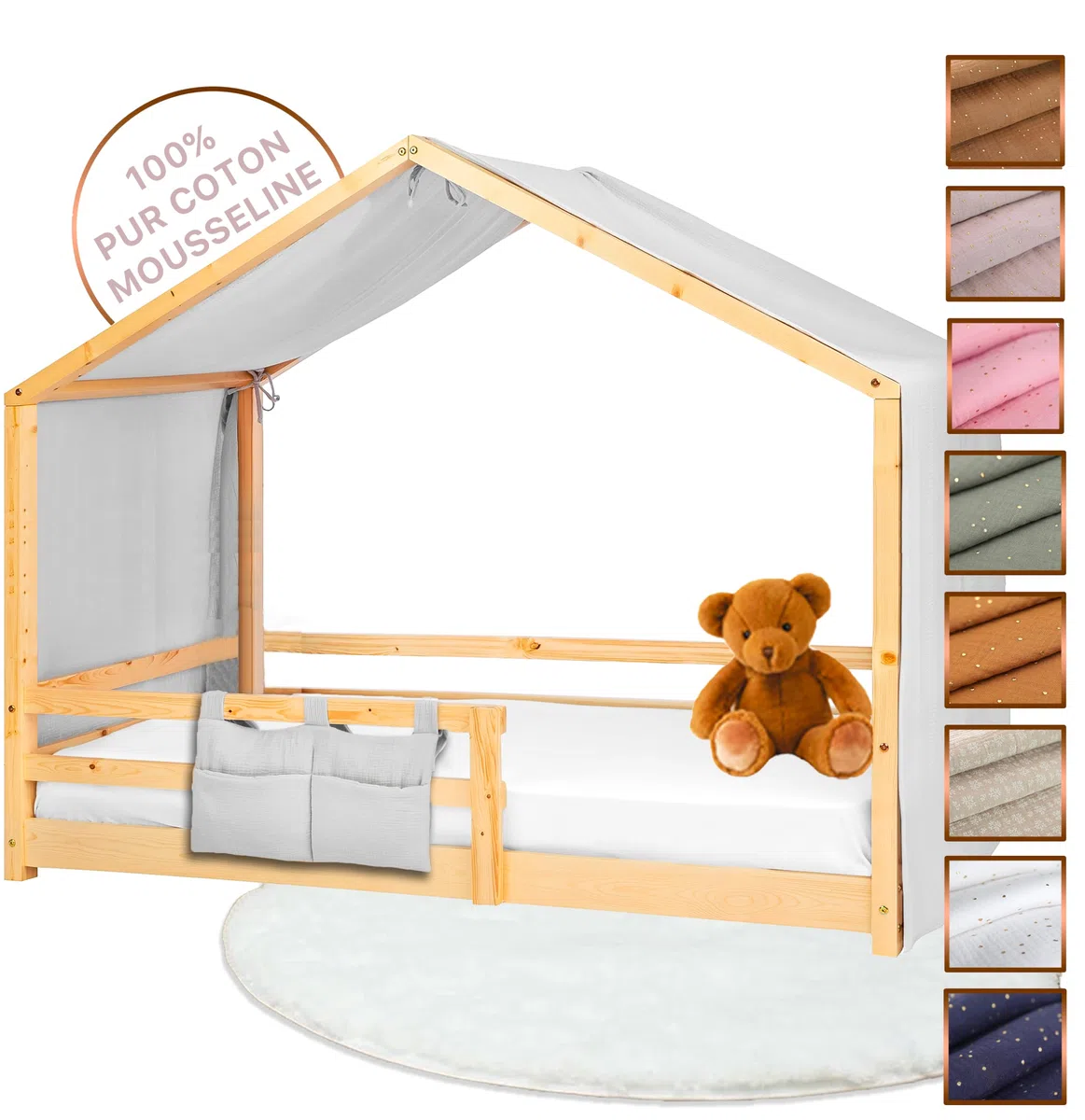 Tenda Letto Bambini 100% Cotone - Tenda Letto Montessori per Letto Bambini 80x160 e 90x190cm - Modelo 2 (Grigio, 97 x 402 cm + Astuccio)