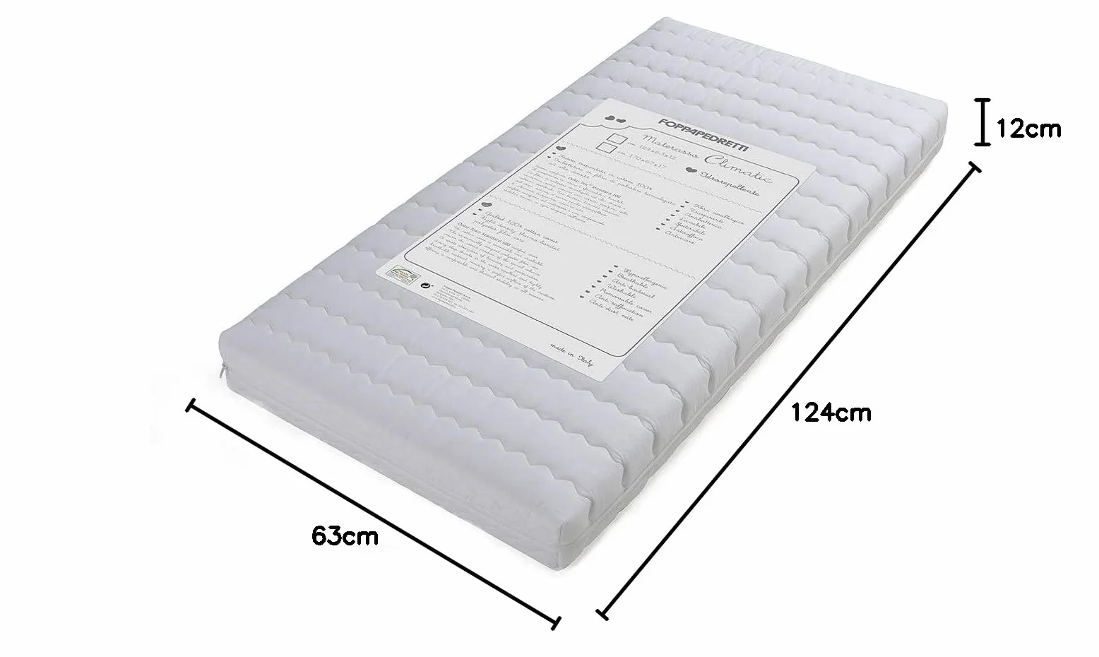 Foppapedretti Materasso per bambini Climatic, Antiacaro, Antibatterico, Antisoffoco, Traspirante, in Fibra Anallergica, Sfoderabile e Lavabile, certificato OEKO-TEX Standard 100, 124x63x12 cm, Bianco