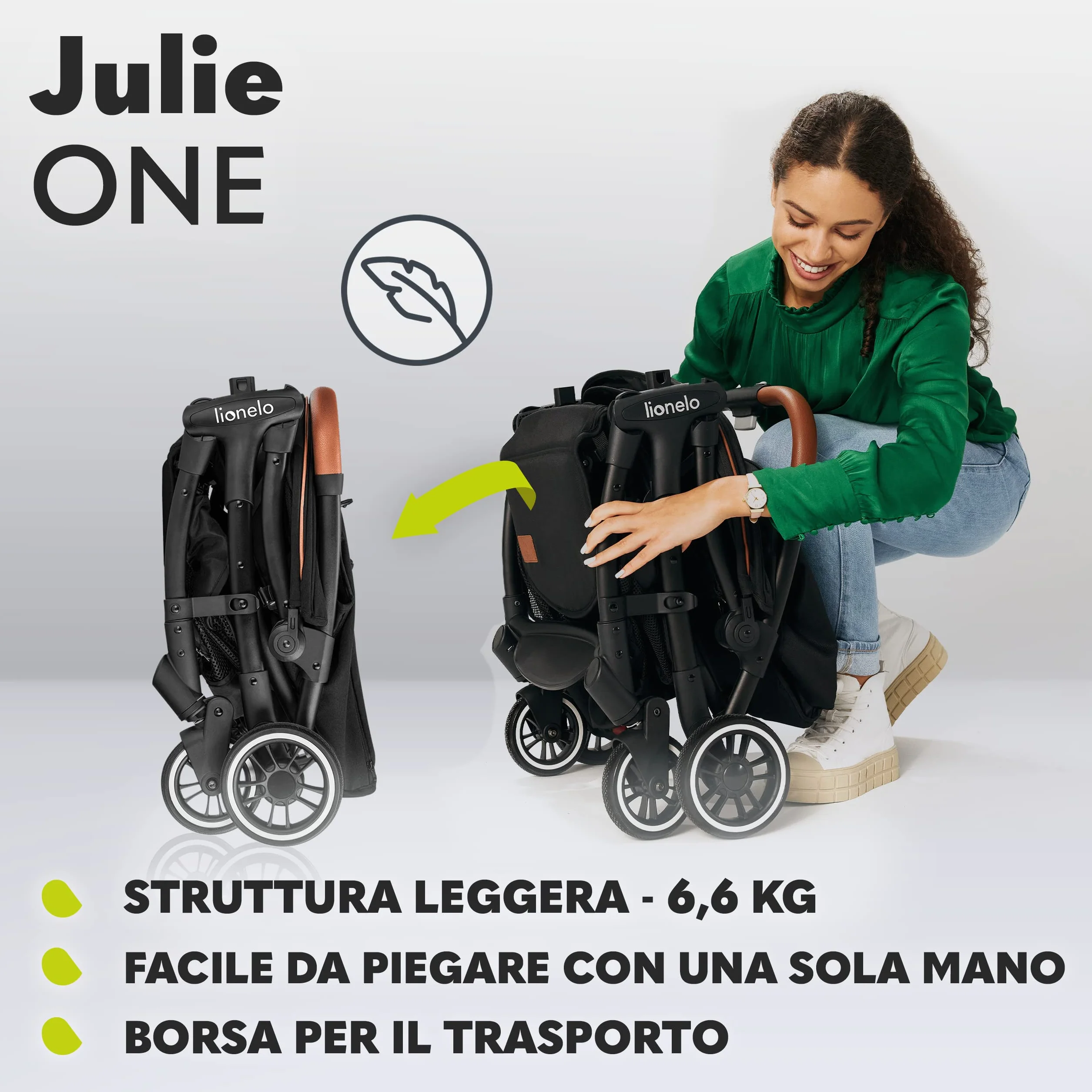 LIONELO Julie One Passeggino leggero pieghevole 0-22 kg Compatto zanzariera coprigambe portabibite borsa Poggiapiedi regolabili schienale sdraiata Nero