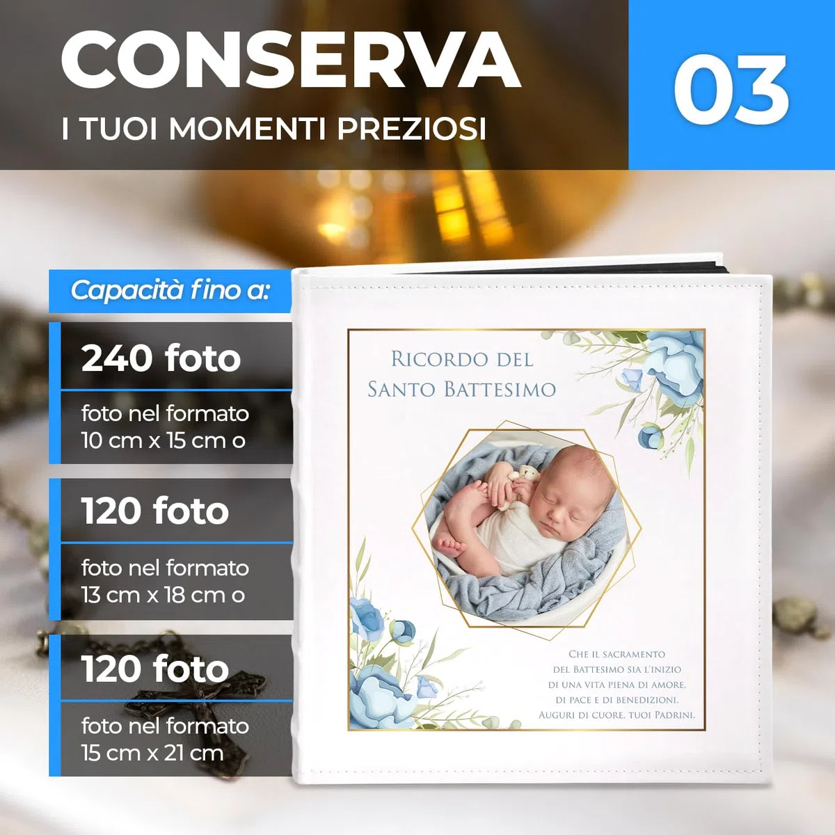 Maverton Album Fotografico - Copertina in Pelle Sintetica Personalizzazione Stampata - 60 pagine nere - 240 foto 10x15cm - regali neonato, battesimo, compleanno - Azzurro
