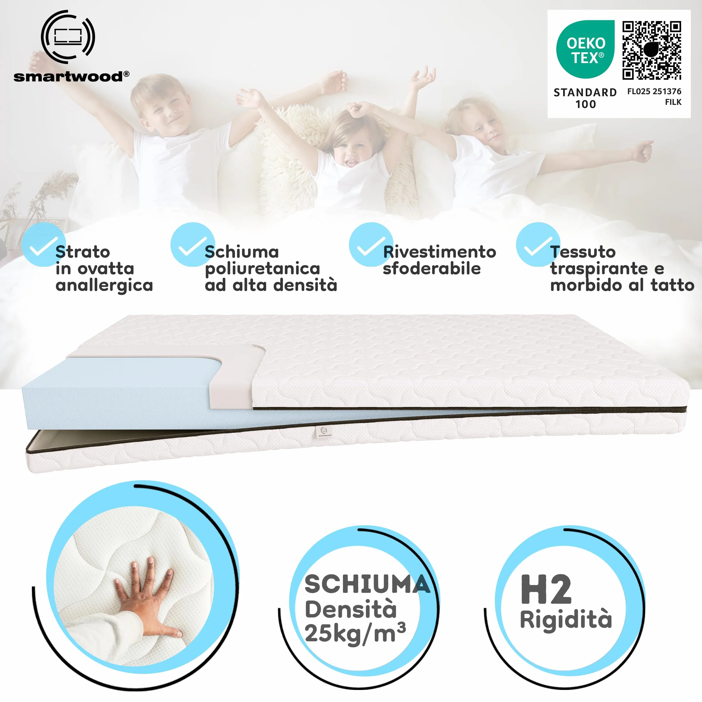 smartwood Materasso 120x200 Bambini 14cm - Schiuma H2 Certificato Oeko-TEX – Reversibile – Rivestimento Lavabile Anti-allergico e Traspirante | Made in EU
