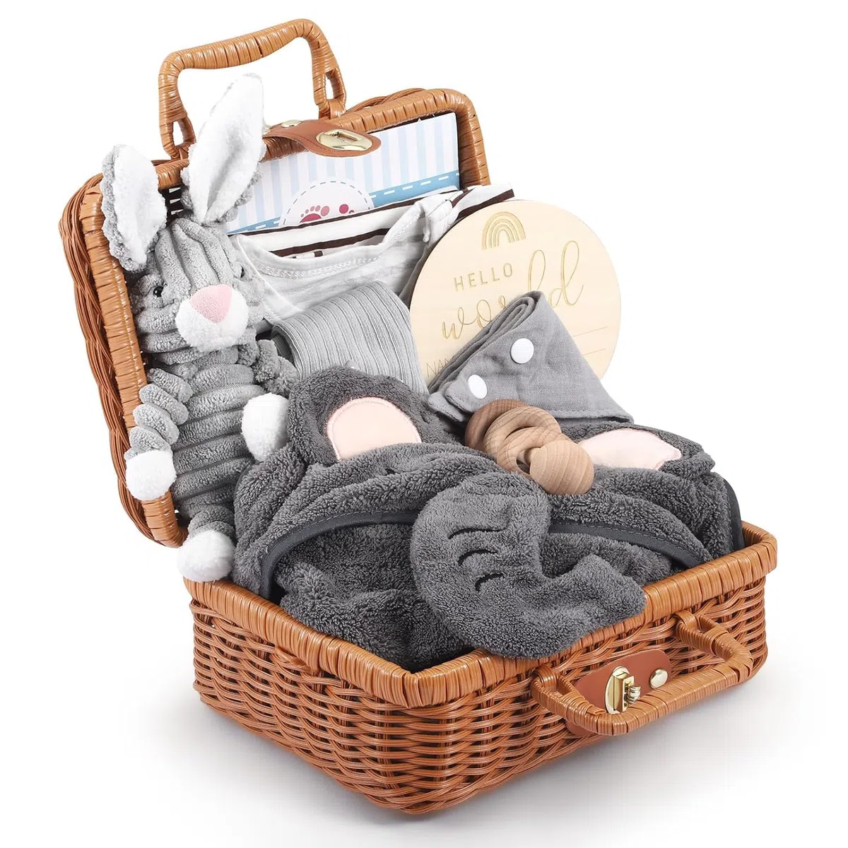 Set Regalo Torta di Pannolini per Neonati - Set Premium da 9 Pezzi con Peluche a Forma di Coniglietto e sonaglio in Legno in Una Scatola di bambù - Regali di Nascita neutri