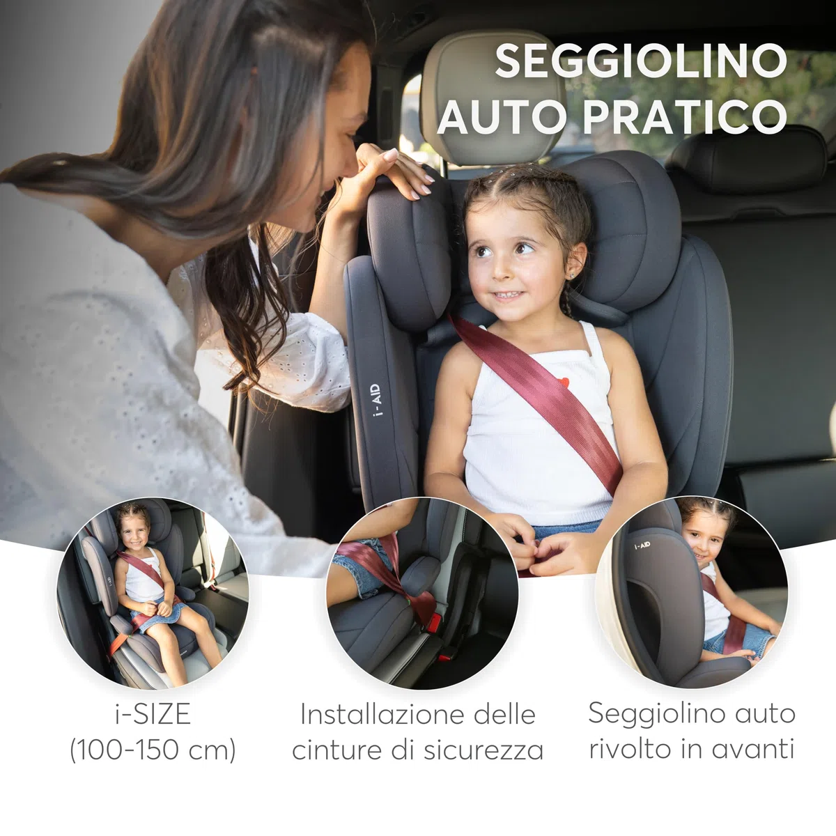 KikkaBoo Seggiolino Auto 15-36 kg i-AID, Gruppo 2/3, i-Size 100-150 cm, da 3,5 a 12 Anni, Poggiatesta Regolabile 13 Posizioni, Grigio