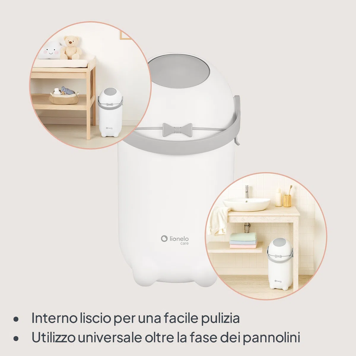 lionelo PUREBIN Mangiapannolini Universale che non lascia uscire gli odori, per sacchetti universali senza ricariche costose, bidone pannolini per neonati, uso con una mano, 10 l (Bianco)