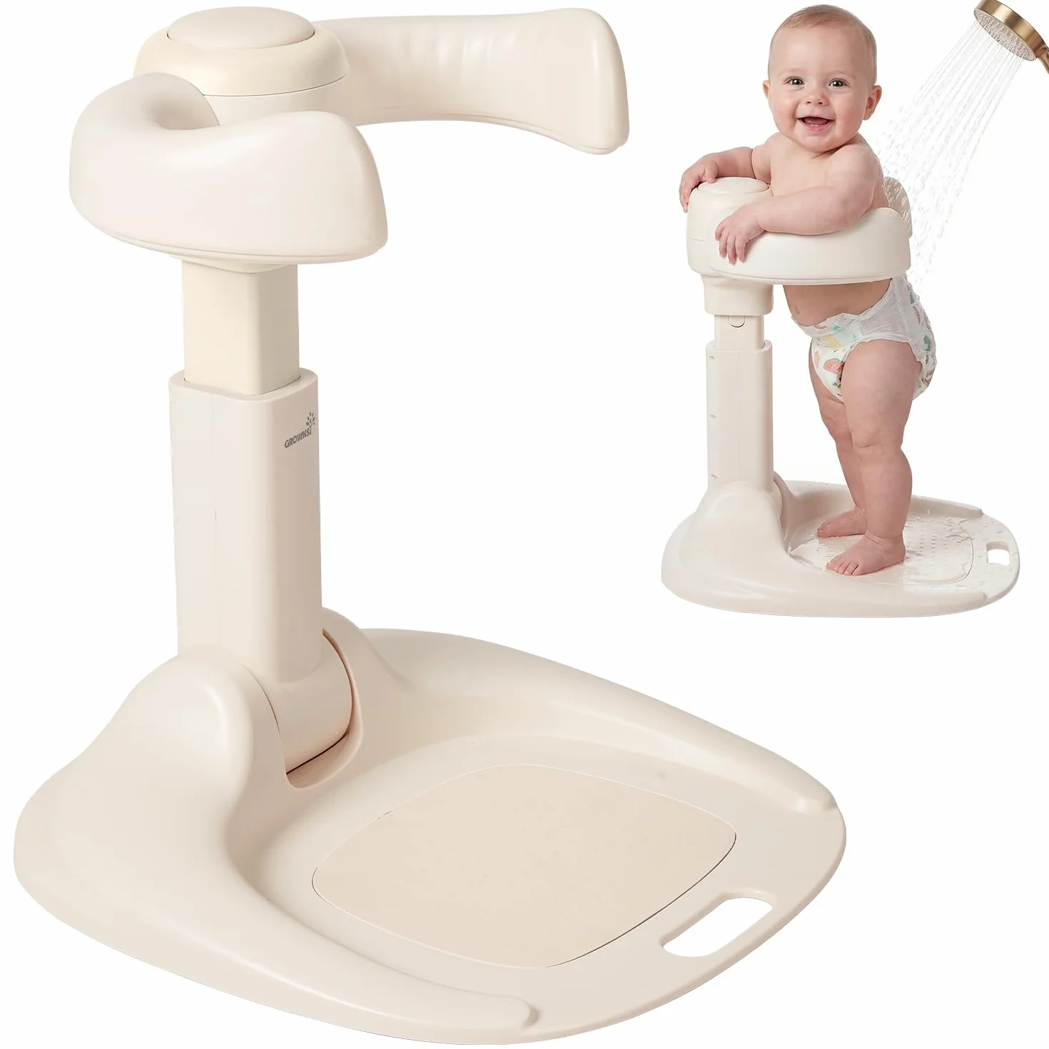Grownsy Supporto Doccia Bambini in Piedi, dai 6 mesi in su, Supporto per Doccia Bambini Regolabile e Pieghevole con Base Antiscivolo