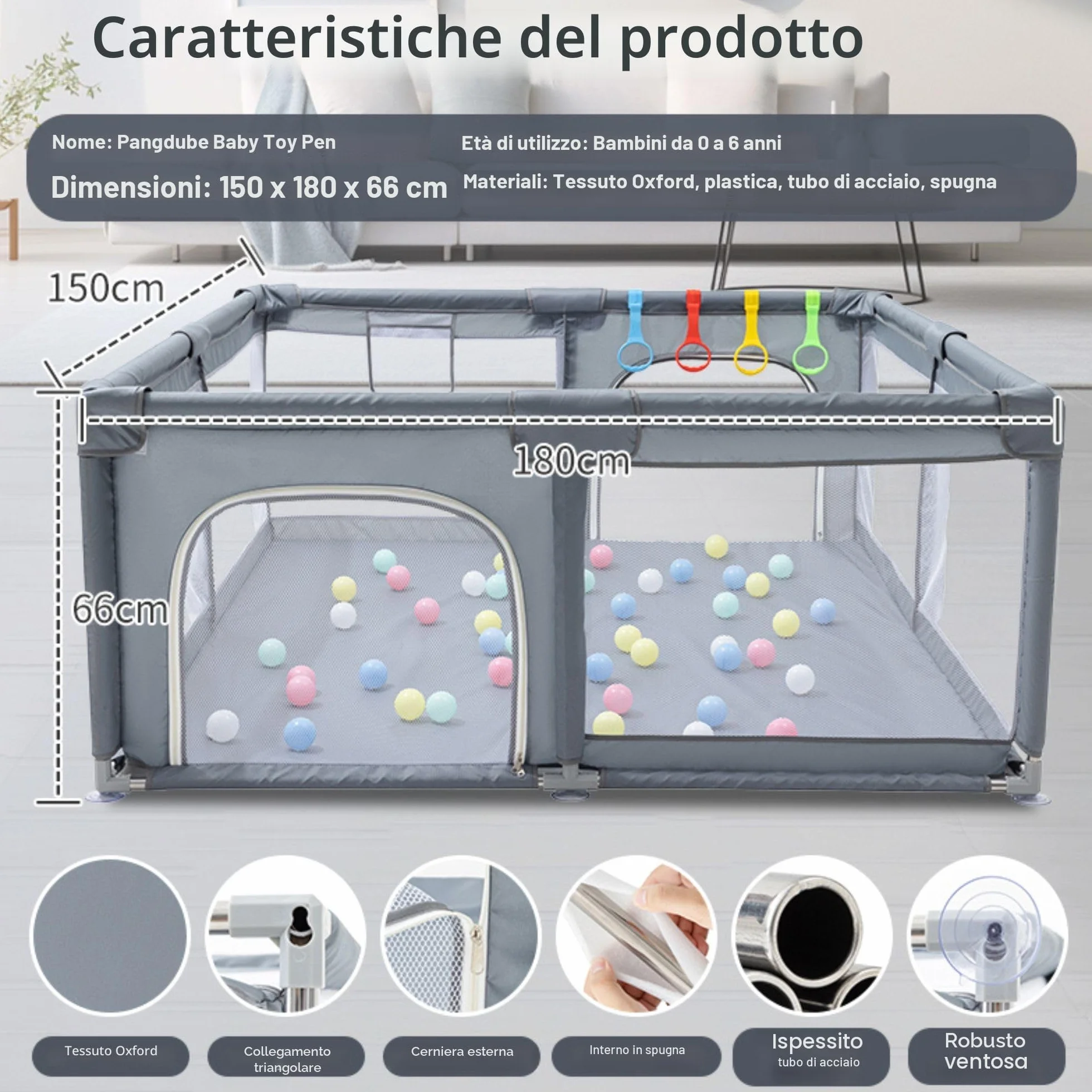 GLOKID Parco per bambini modulabile 180 x 200 cm con borsa di stoccaggio e gancio