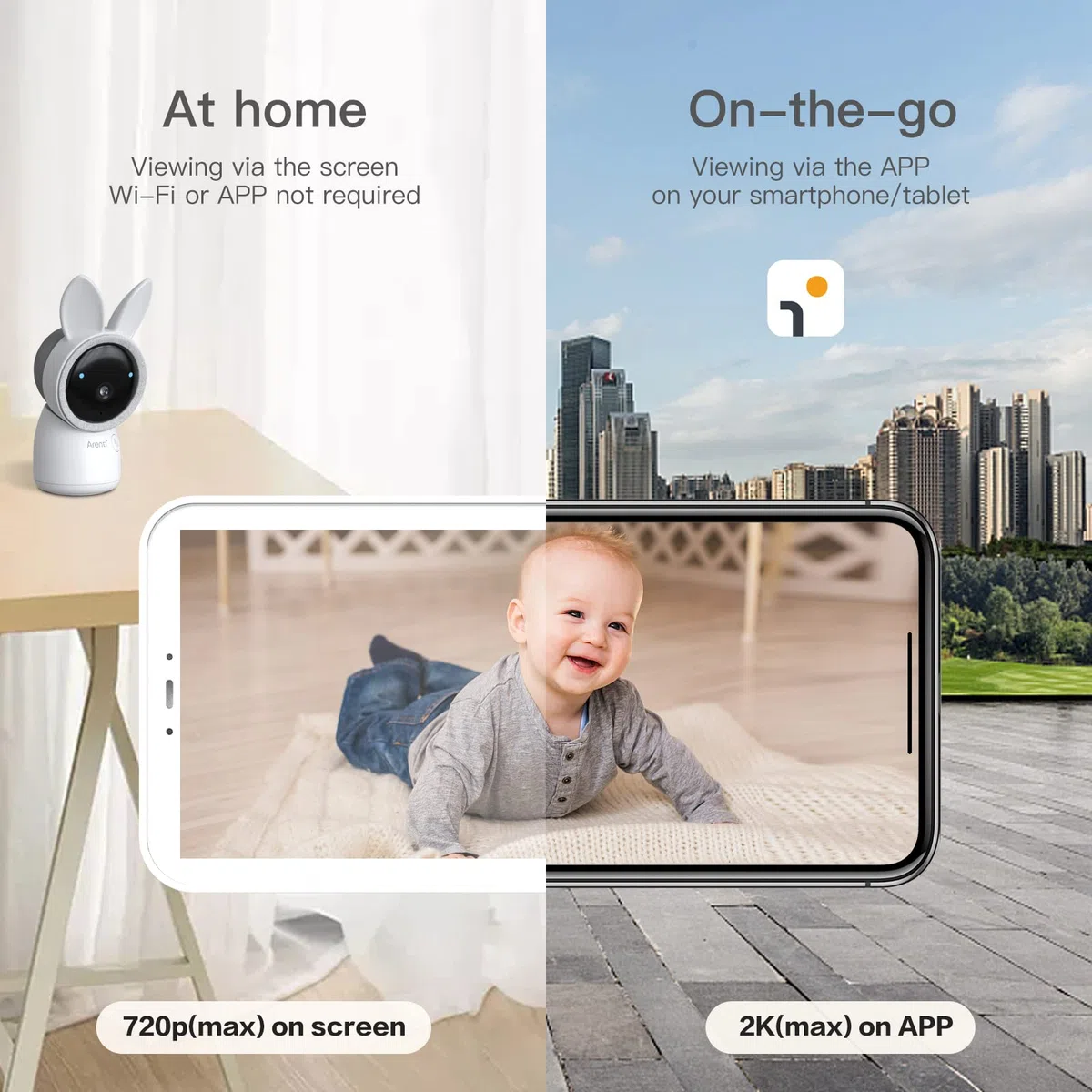 ARENTI Baby Monitor WiFi 5G, Telecamera per Bambini a Doppia Banda 2.4G e 5G, HD da 4 MP per Video Cristallini, Anti-interferenza e Trasmissione più Veloce, Audio a 2 vie, Visione Notturna