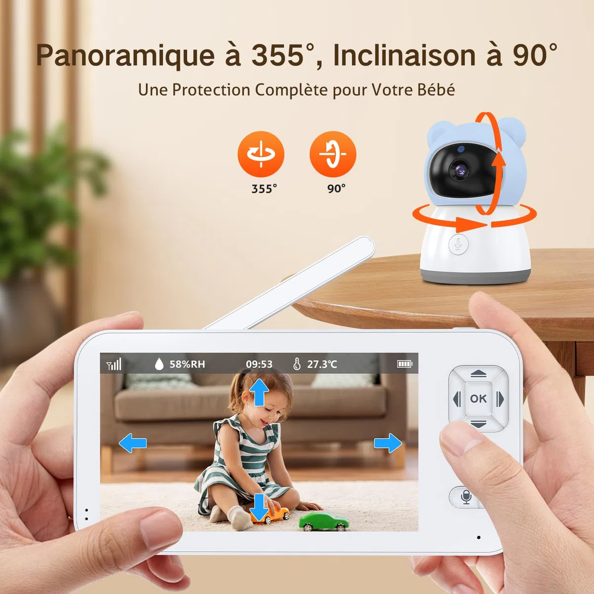 2K 5" Babyphone Camera con App Telefono, Rotazione a 360° Luce Notturna Colorata, Zoom 4X, Monitoraggio del Movimento, Monitoraggio Automatico, Area di Allarme Personalizzata