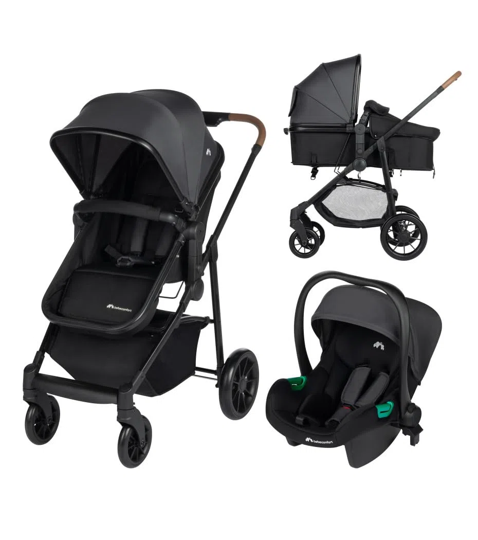 Bebeconfort Haze Trio, 3 in 1 Passeggino per bambini 0-4 anni, max 22 kg, Passeggino Leggero e Compatto, Seduta Convertibile in Navicella, Seggiolino Auto i-Size, Coprigambe e parapioggia, Tinted Grey