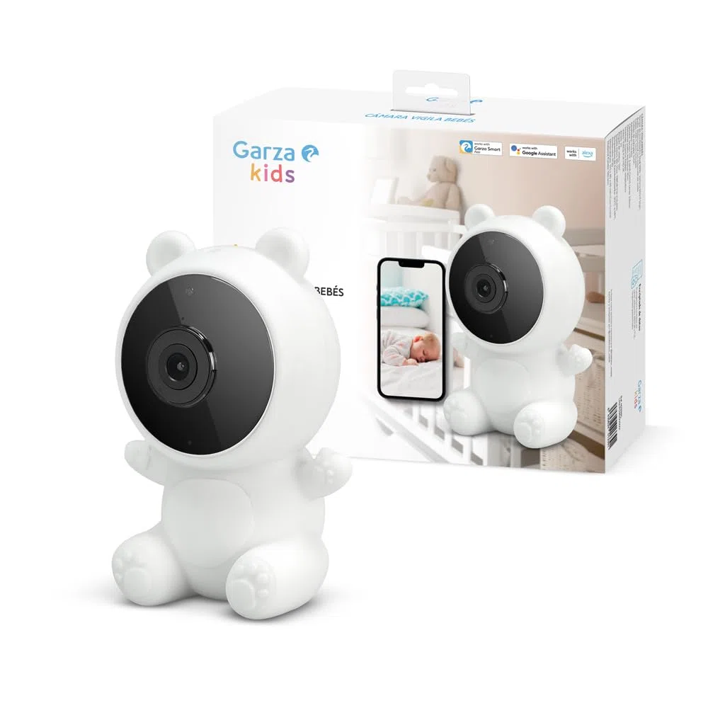 Garza Telecamera per la Sorveglianza del Bambino 1080p HD con Sensore di Temperatura, Visione Notturna, Rilevamento di Pianti, Ninnananne, Rumore Bianco e WiFi 2.4 GHz., 3 Coperture + Supporto