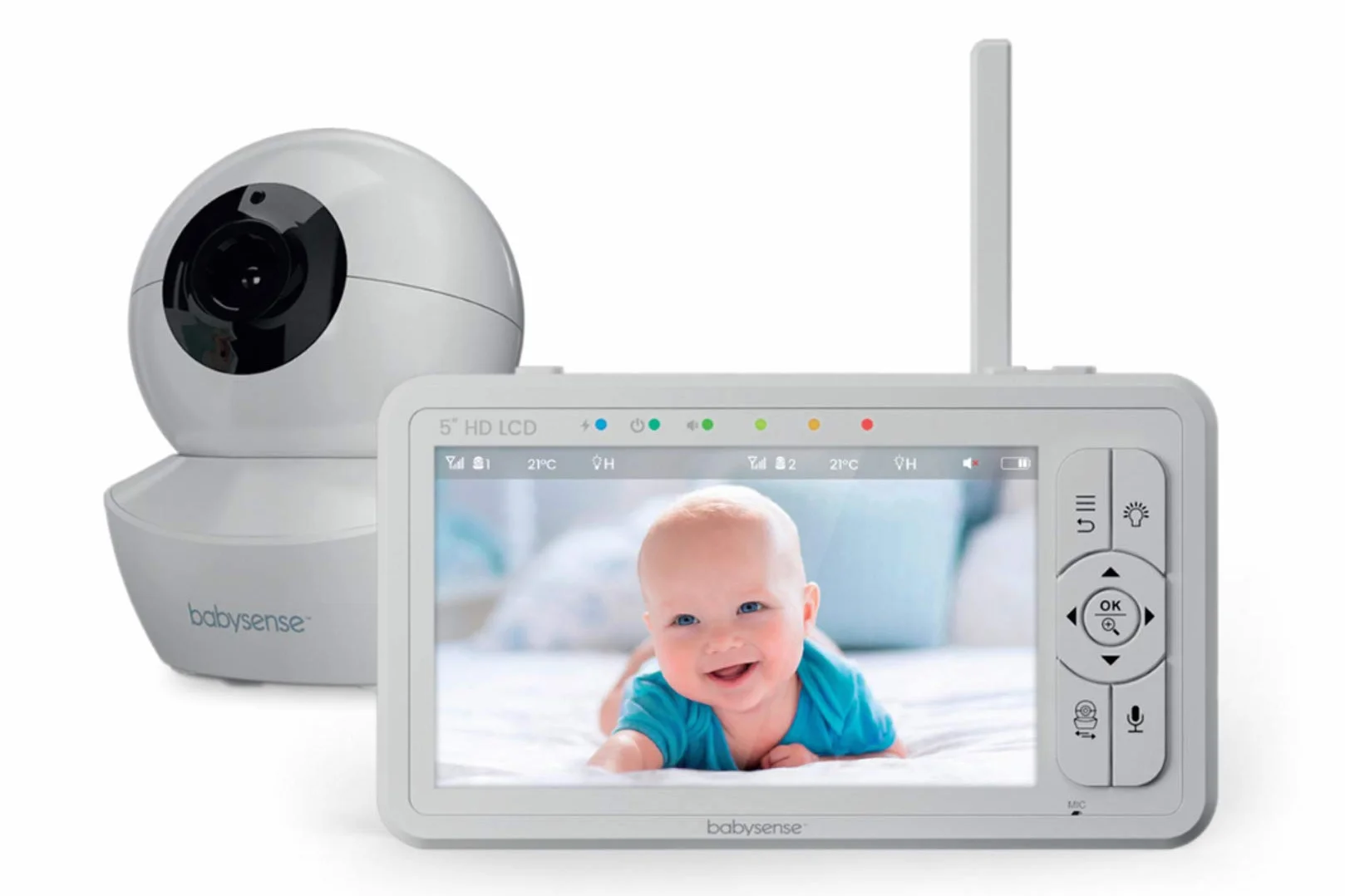 Babysense HDS2 - Monitor video per bambini con fotocamera e audio, baby phone 5" HD 720p, senza WiFi, luce notturna regolabile, portata estesa, audio bidirezionale, zoom 4X, visione notturna, batteria