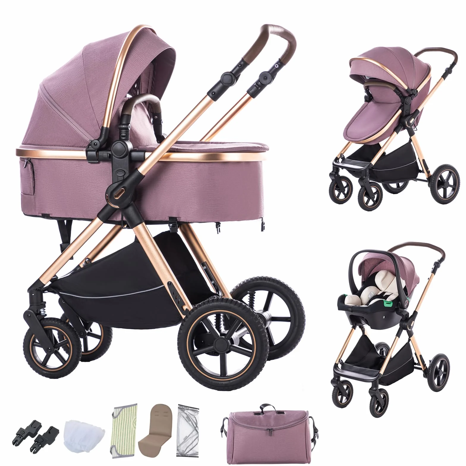 BEBBY Passeggino trio 3 in 1 Cannuccia Portatile Pieghevole Alto Telaio Alluminio Neonato (D2-Purple, H2-D)