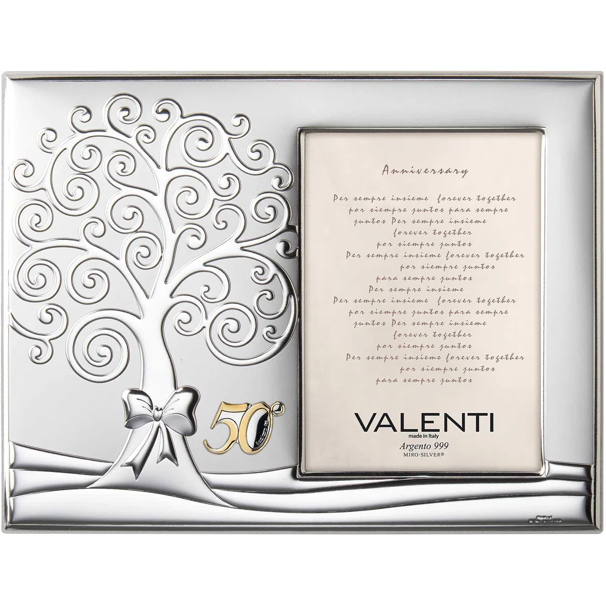 Cornice portafoto di valenti. Cornice portafoto in argento laminato con albero della vita. Ideale come regalo di nozze d'oro. Le dimensioni sono 10x15 cm. La referenza è 51082 3xl