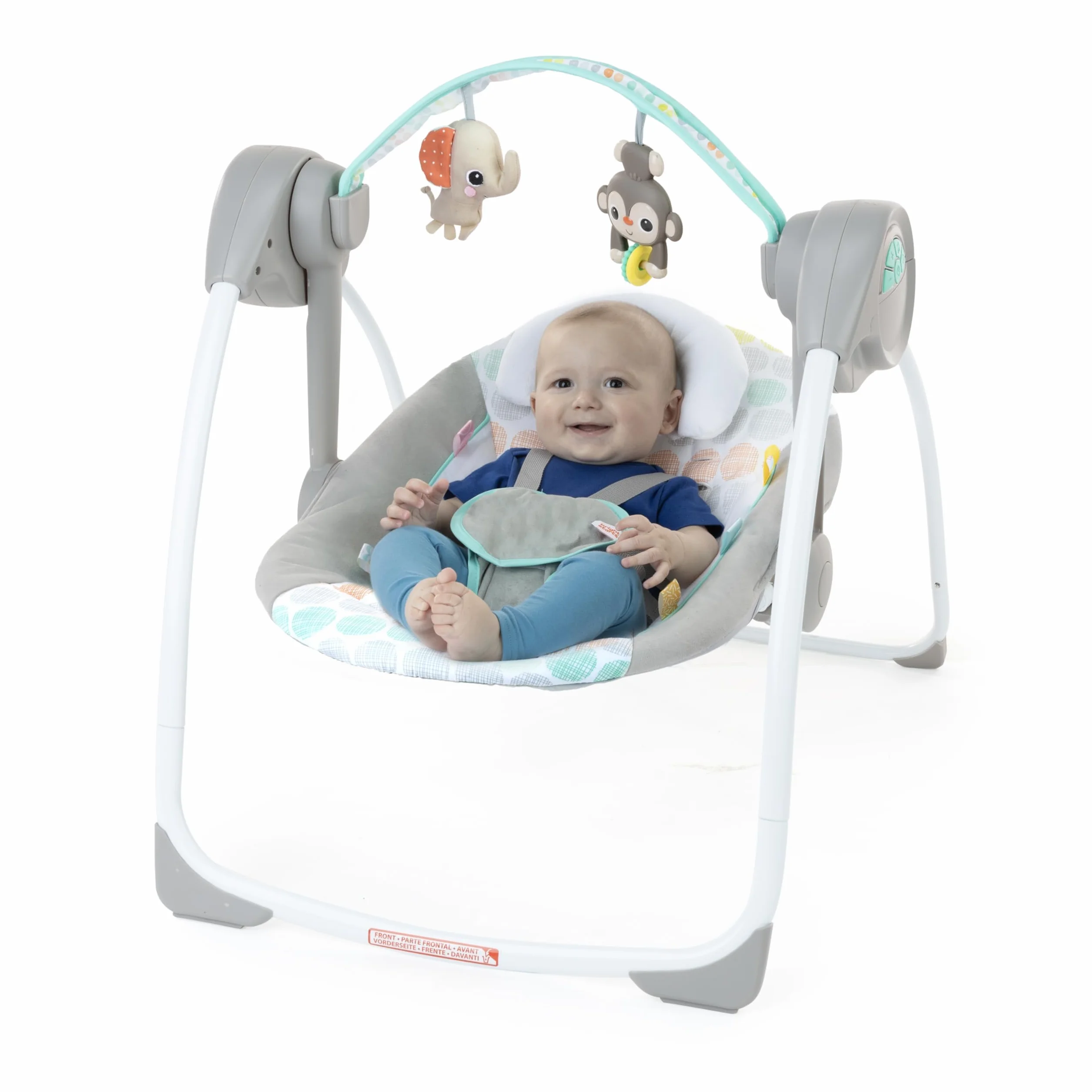 Bright Starts Altalena Automatica Portatile a 6 Velocità per Bambini, Compatta e Pieghevole, Musica, Barra Giocattoli, 0-9 Mesi 3-9 kg (Whimsical Wild)