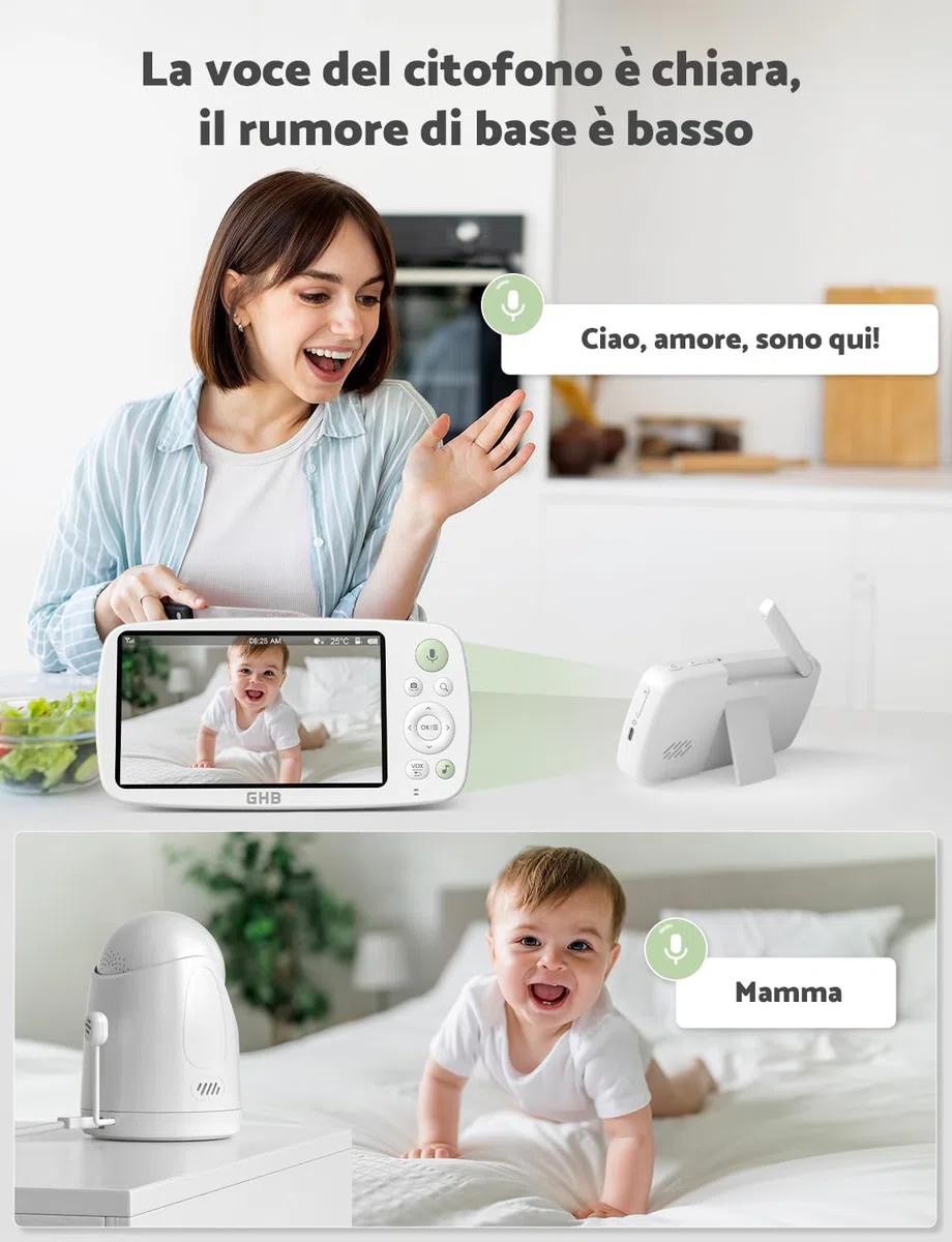 GHB Baby Monitor Video e Audio Schermo 5'', 350°/110°, 168 Ore di Autonomia, HD 1080P, Modalità VOX, Visione Notturna, Rilevamento della Temperatura, Ninne Nanne