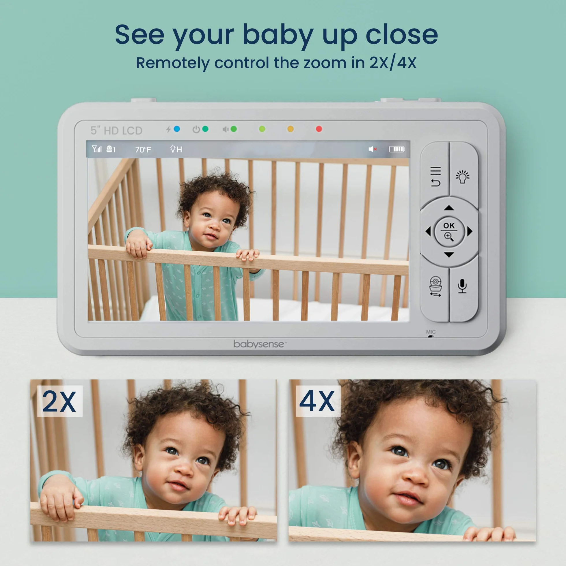 Babysense HDS2 - Monitor video per bambini con fotocamera e audio, baby phone 5" HD 720p, senza WiFi, luce notturna regolabile, portata estesa, audio bidirezionale, zoom 4X, visione notturna, batteria