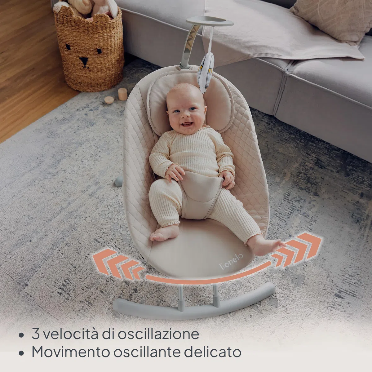LIONELO RIO Dondolo elettrico per bambini, Schienale regolabile, dondolo a 3 velocità, cinture di sicurezza con cuscino Melodie e suoni della natura Archetto con giocattolo Leggero, fino a 9 kg