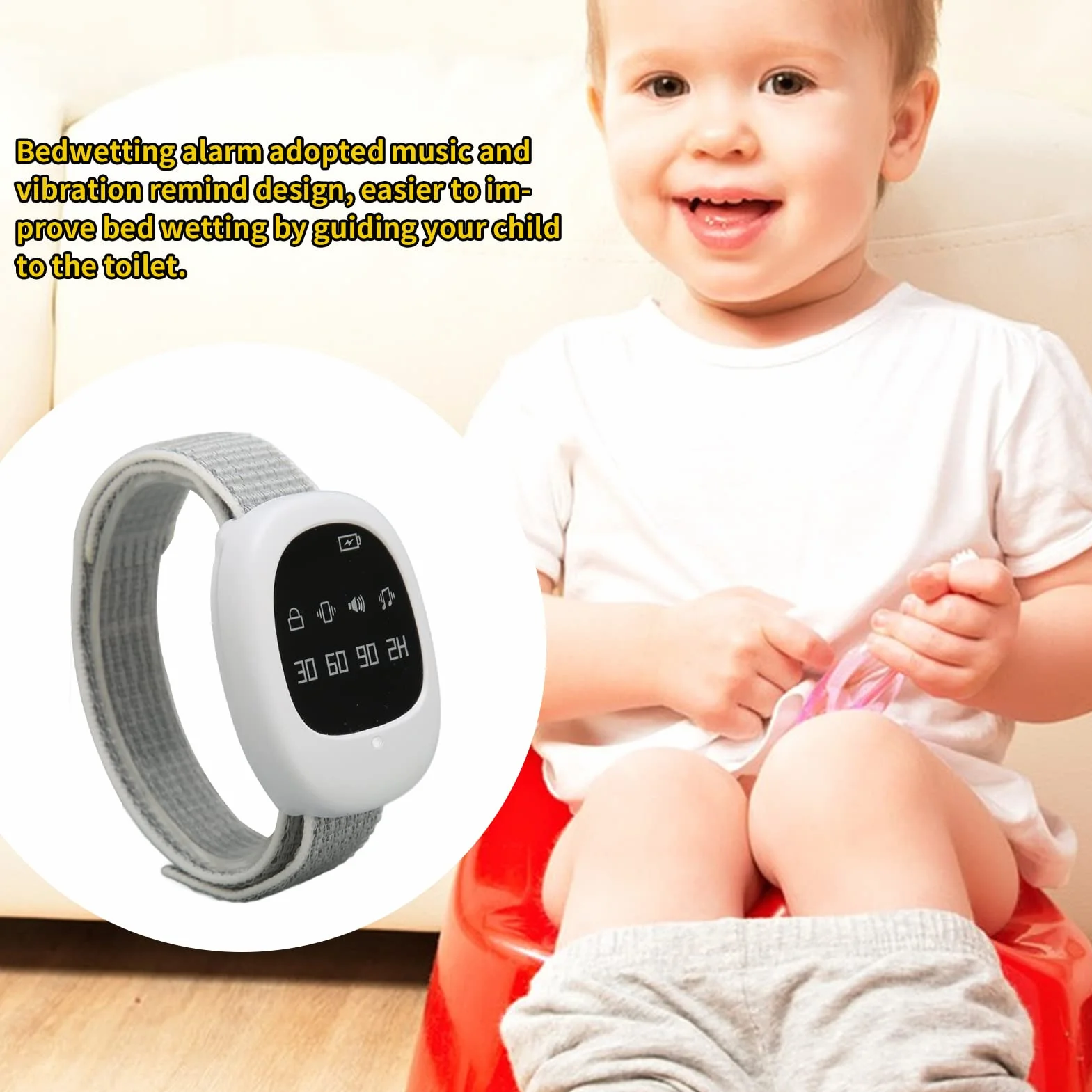Allarme Senza Fili per la pipì a Letto, Orologio per l'addestramento al vasino con 4 Timer, Allarme enuresi Letto con Vibrazione Sonora, Allarme pipì Orologio sensore bagnatura