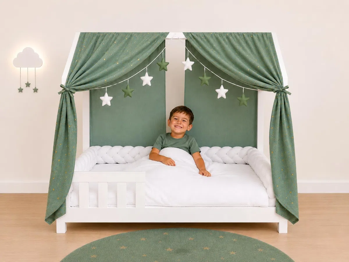 YellowNest Tenda per Letto Montessori (2 Pezzi) - Tenda Letto Bambini per Letto 70x140cm - 100% Mussola di Cotone - Senza Ghirlanda (Eucalipto, 62 x 270 cm (2 Pezzi))