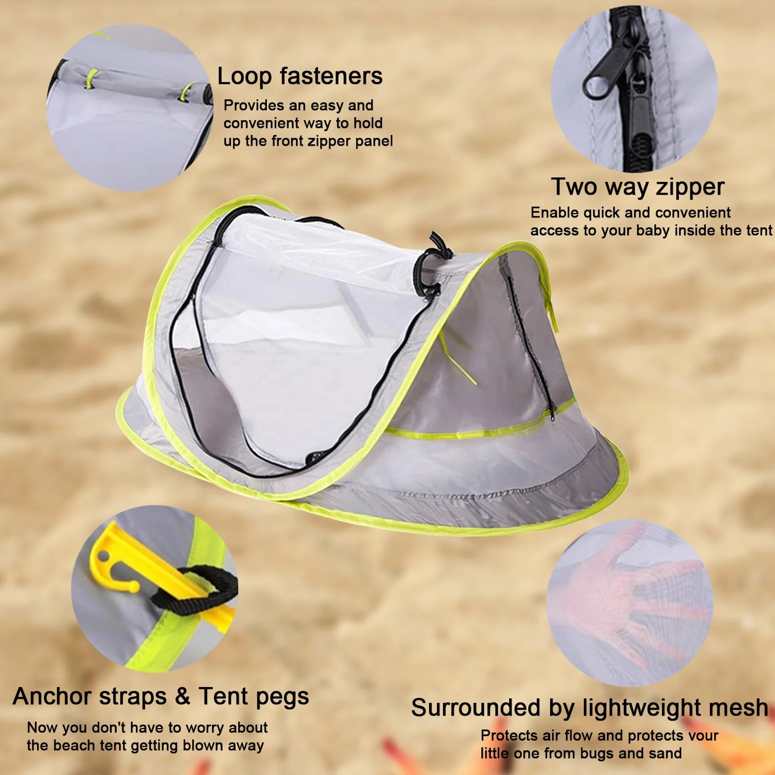 Tenda da spiaggia per bambini, portatile, ultraleggera, da spiaggia pop-up, per esterni, protezione solare UV50+, per neonati, per campeggio, escursioni, barbecue
