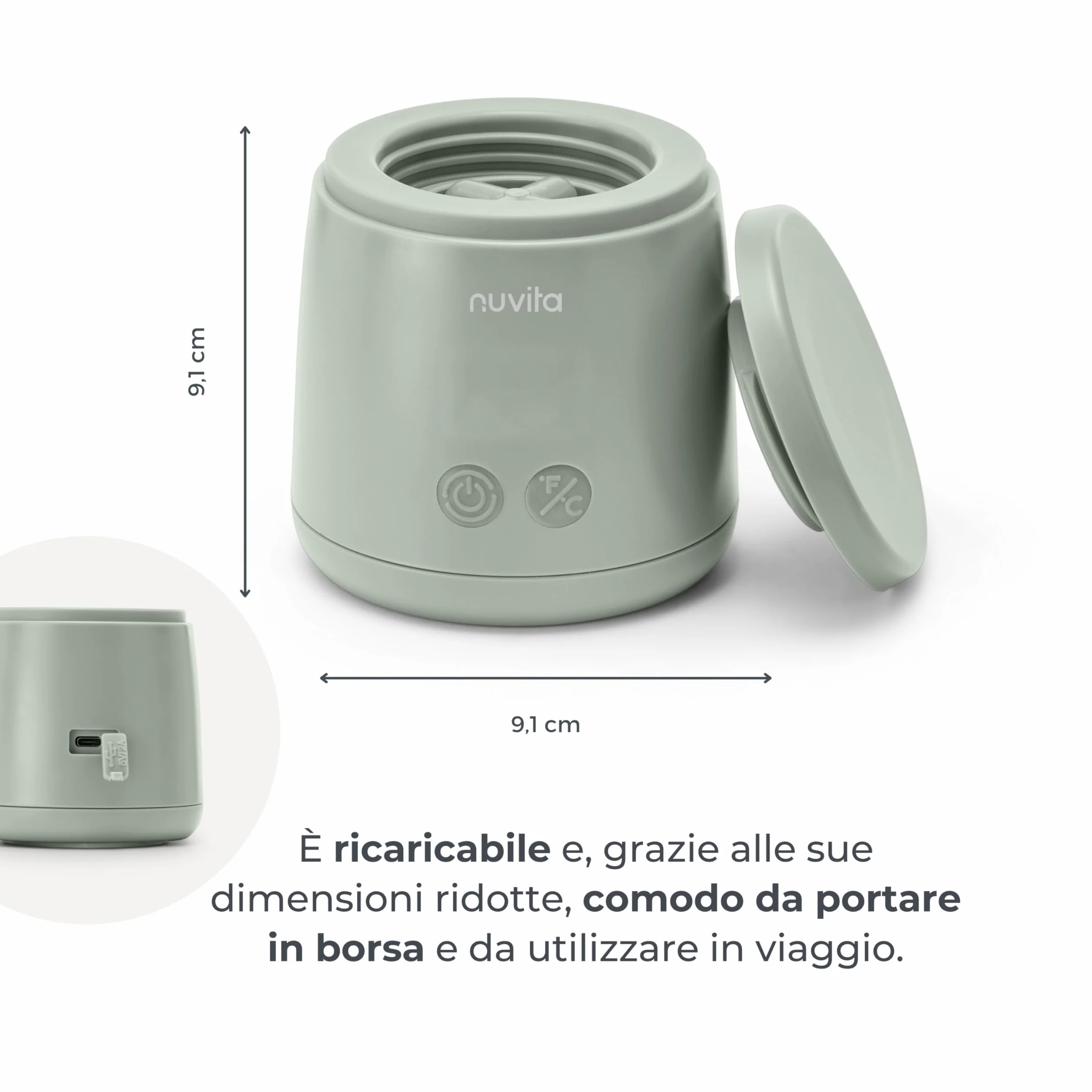 Nuvita 1164 Mix70 Scaldabiberon Portatile 70°C con Funzione Mescolamento, 5 Temperature fino a 70°C, Universale con 6 Adattatori Inclusi, Batteria Ricaricabile, Display LED, Senza BPA