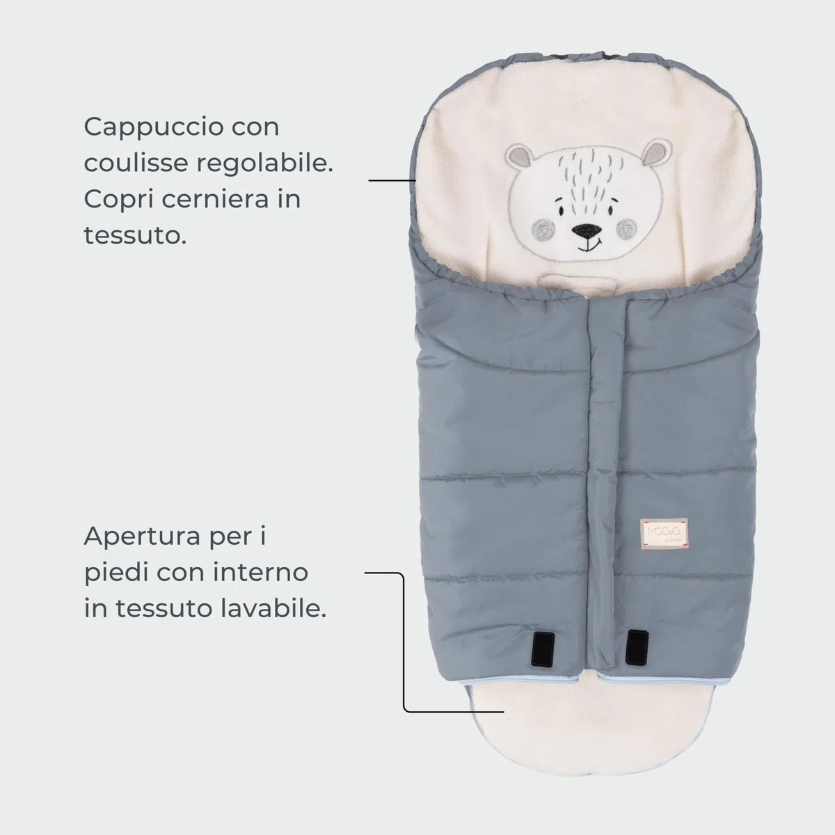 Nuvita 9205 Ovetto Cuccioli | Sacco Universale per Seggiolini Auto con Animaletti | Perfetto per Bambini da 0 a 6 Mesi (80 cm) | Resistente al Freddo fino a -10°C | Blu Notte