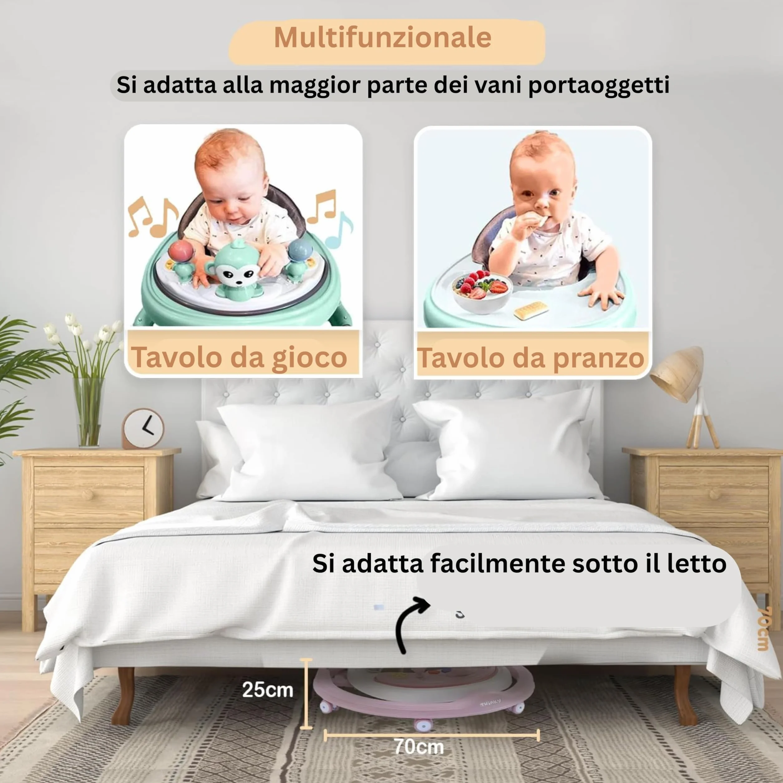 Twinky Girello Neonato 6-12 Mesi – Girello Regolabile e Sicuro per Bambini 6-18 Mesi | Design Pieghevole, Giochi Interattivi e Ruote Silenziose